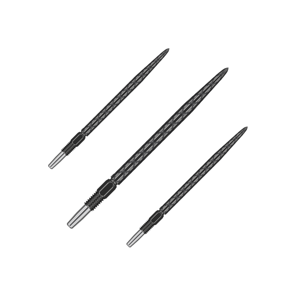 Das Bild zeigt drei schwarze Dartspitzen mit einem diamantförmigen Muster. Sie sind in unterschiedlichen Winkeln angeordnet und haben einen metallischen Befestigungsbereich.