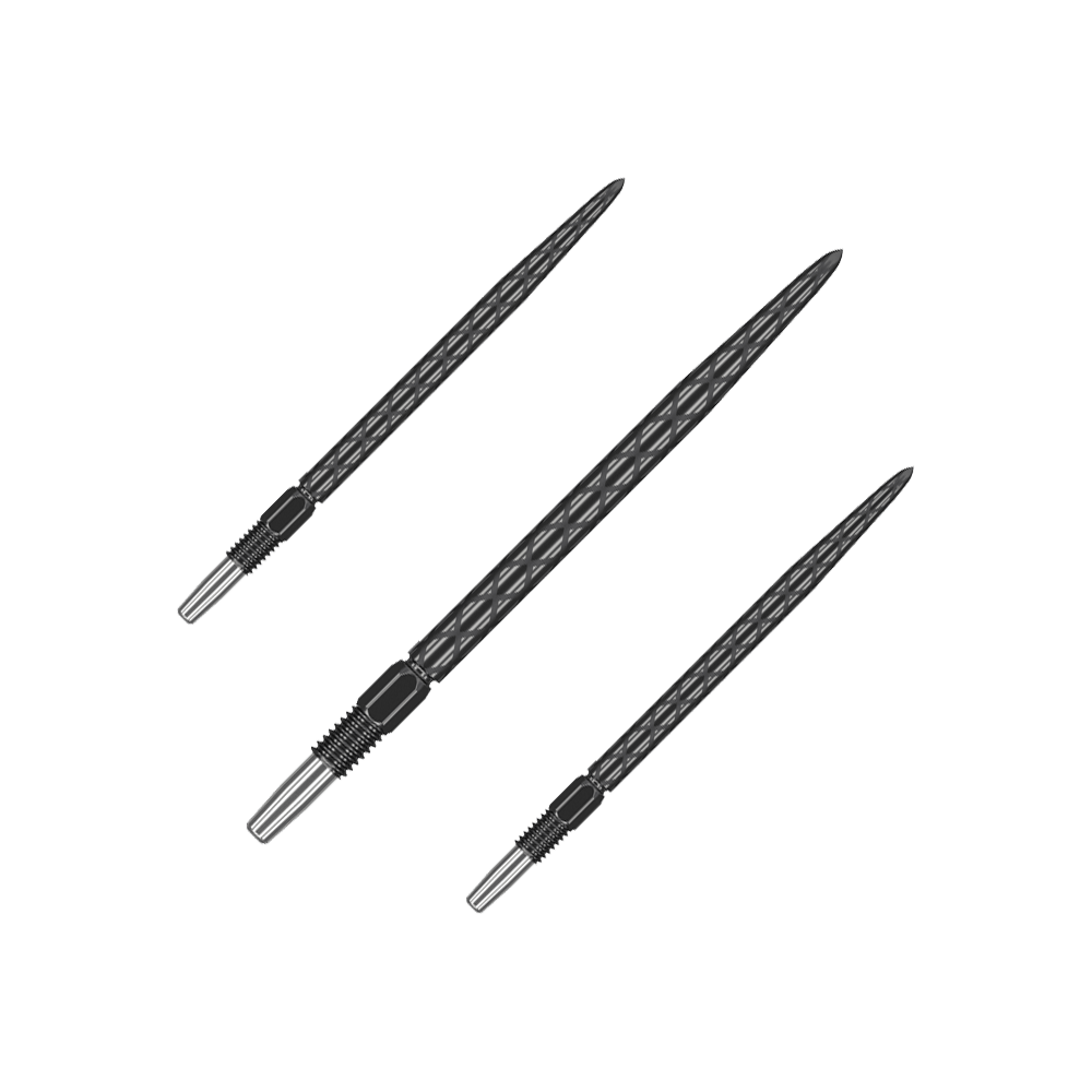 Target Swiss Diamond Pro Black Points Dartspitzen Das Bild zeigt drei schwarze Dartspitzen mit einem diamantförmigen Muster. Sie sind in unterschiedlichen Winkeln angeordnet und haben einen metallischen Befestigungsbereich.