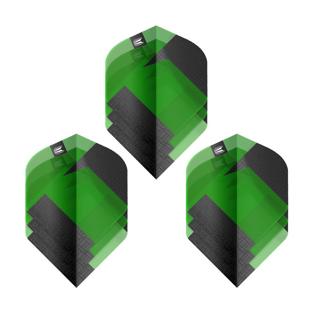 Das Bild zeigt drei grüne und schwarze Dart-Flights des Modells "Target Pro Ultra TAG Grün No2 Standard". Es handelt sich um ein Set mit drei Flights, die ein modernes, geometrisches Design haben.
