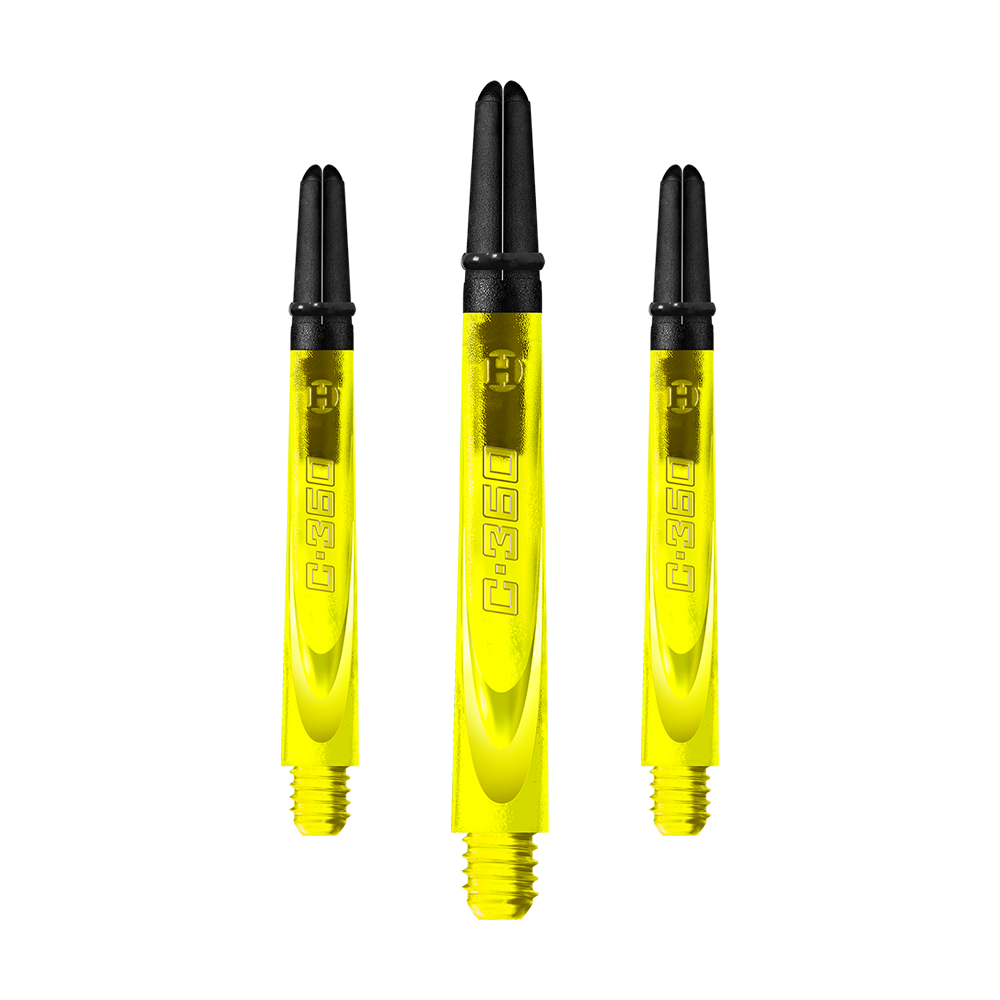 HR451_Harrows_Carbon_360_Shafts_Gelb_49mm_1uxl6ZVXDEAcz2 Auf dem Bild sind drei gelbe Dartschäfte mit schwarzem oberen Ende zu sehen. Auf jedem Schaft steht die Aufschrift "C.360".