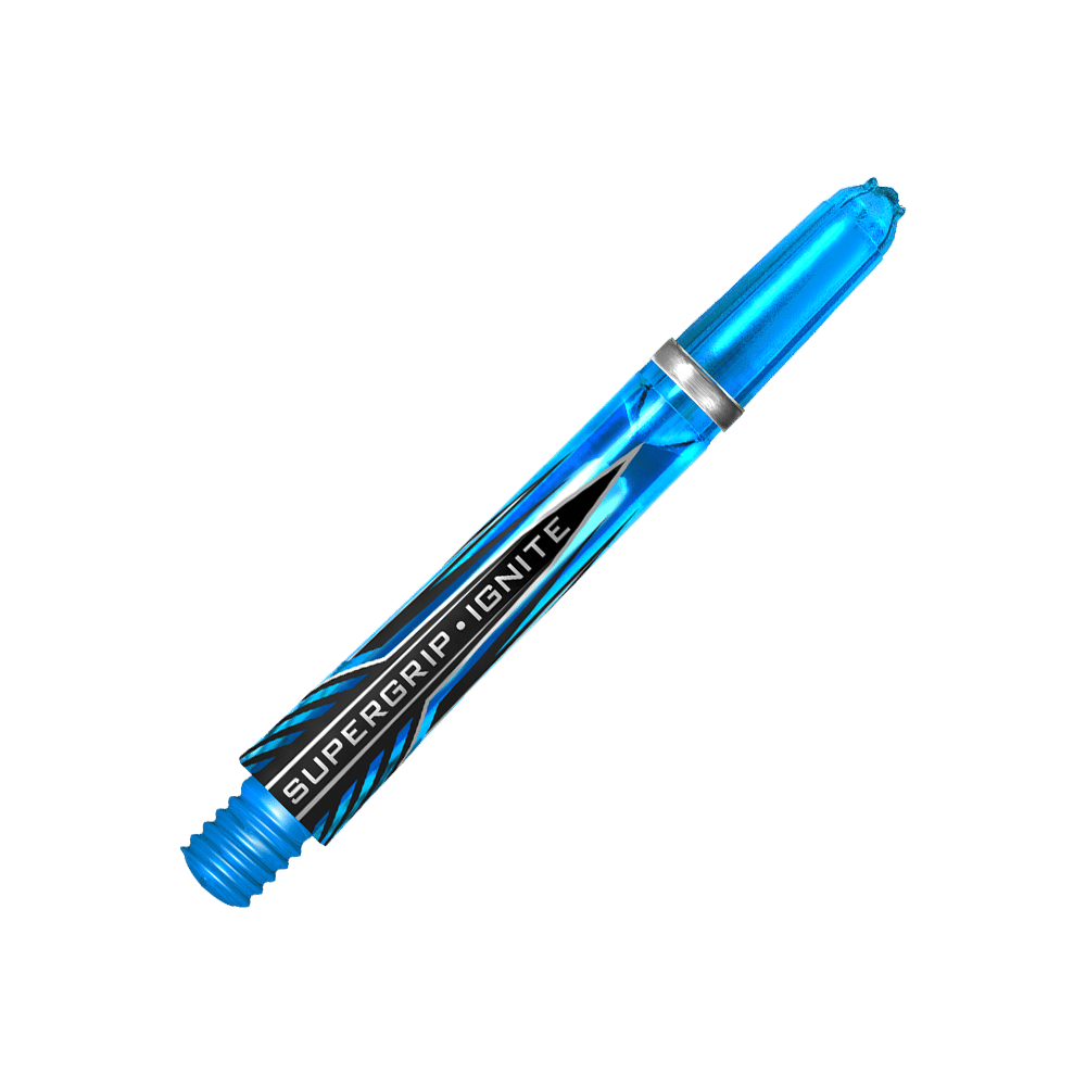 Dies ist ein Harrows Supergrip Ignite Shaft in der Farbe Aqua. Der Schaft ist transparent blau und hat ein modernes, auffälliges Design.