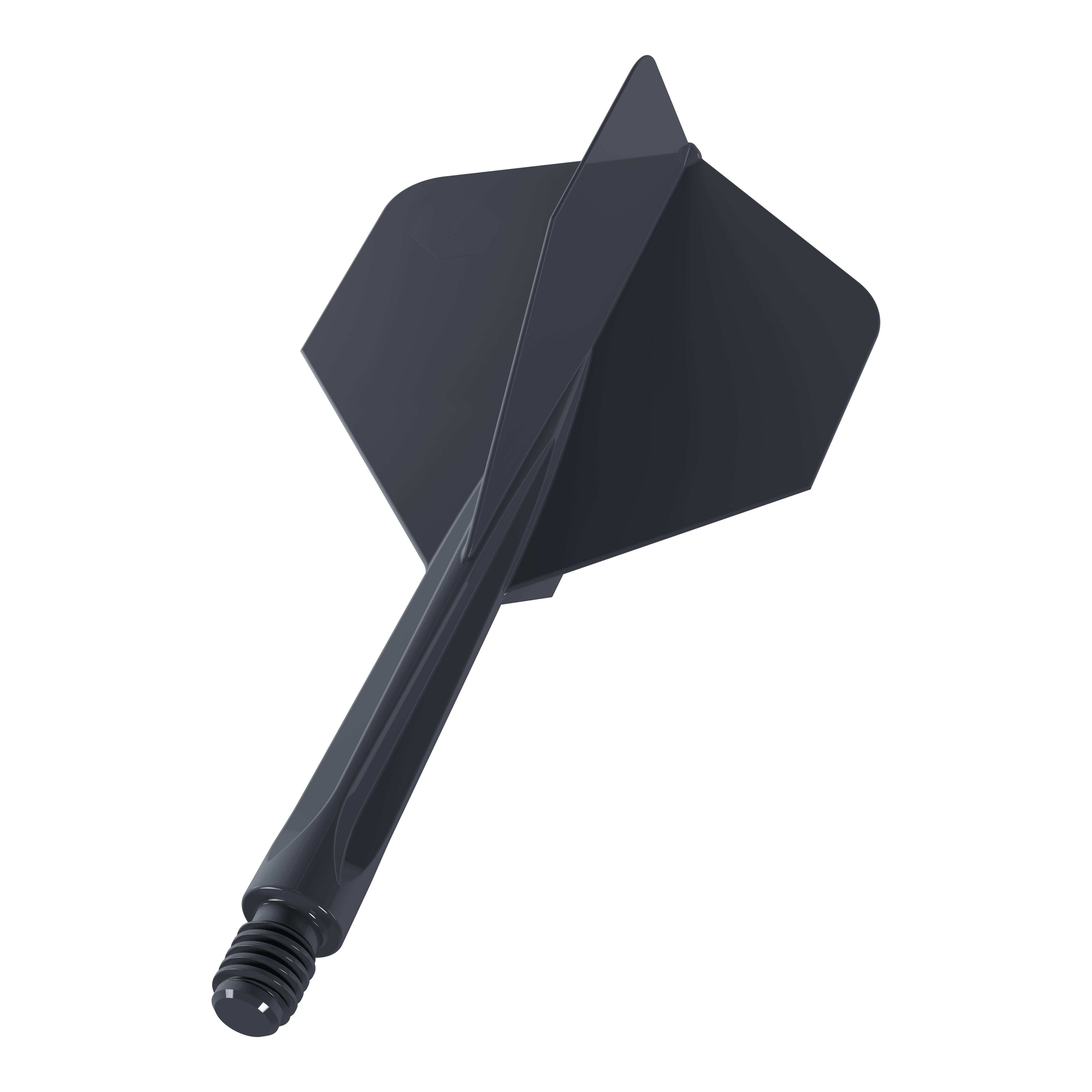 Das Bild zeigt einen schwarzen Dartflug mit integriertem Schaft in mittlerer Größe. Es handelt sich um das Modell "Unicorn Forge All In One Plus No2 Standard Flights Schwarz - Medium".
