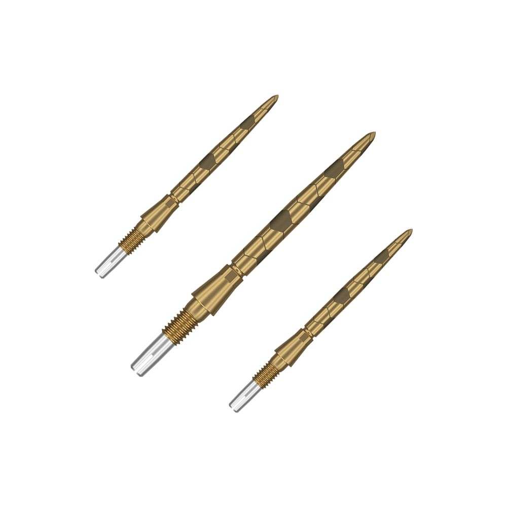 Target Swiss Storm Onyx Point Dartspitzen - Gold Auf dem Bild sind drei goldfarbene Dartspitzen mit einem strukturierten Muster zu sehen. Sie haben ein silbernes Schraubgewinde am Ende zum Befestigen an Dartpfeilen.