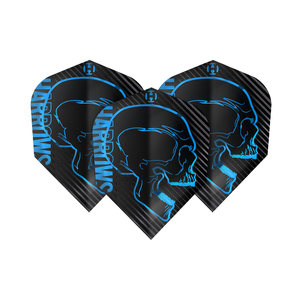 Harrows Rage Aqua No6 Flights Das Bild zeigt drei schwarze Dart-Flights mit einem blauen Totenkopf-Design und dem Schriftzug "Harrows". Die Flights gehören zum Produkt "Harrows Rage Aqua No6".