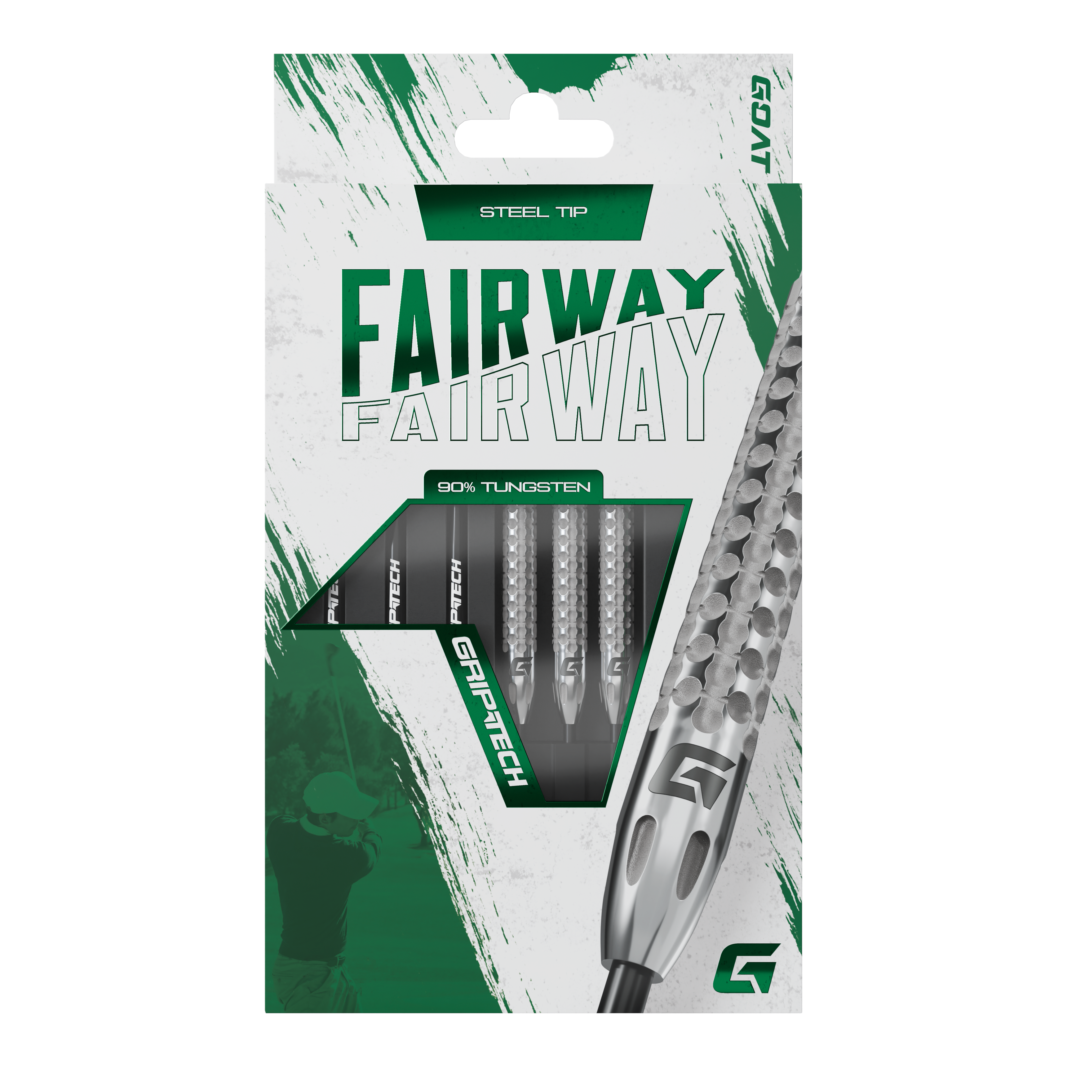 GOAT Fairway V2 Tungsten Steeldarts Die Abbildung zeigt die Verpackung der GOAT Fairway V2 Tungsten Steeldarts. Die Darts bestehen zu 90 % aus Tungsten und haben eine Stahspitze.
