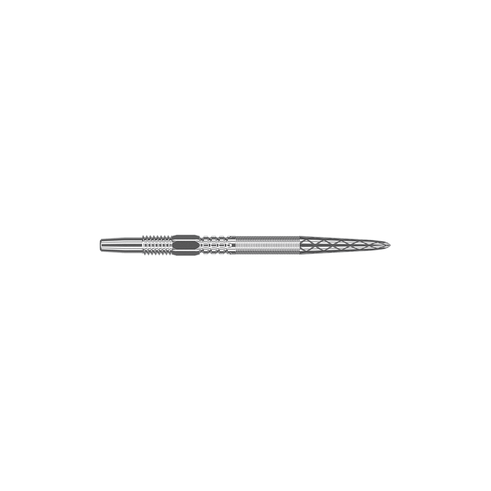 340046_Target_Swiss_Point_DX_Silver_Dartspitzen_26mm_2 Das Bild zeigt eine silberne Dartspitze mit fein gearbeiteten Rillen und Mustern. Sie ist schlank und hat eine Länge von 26 mm.