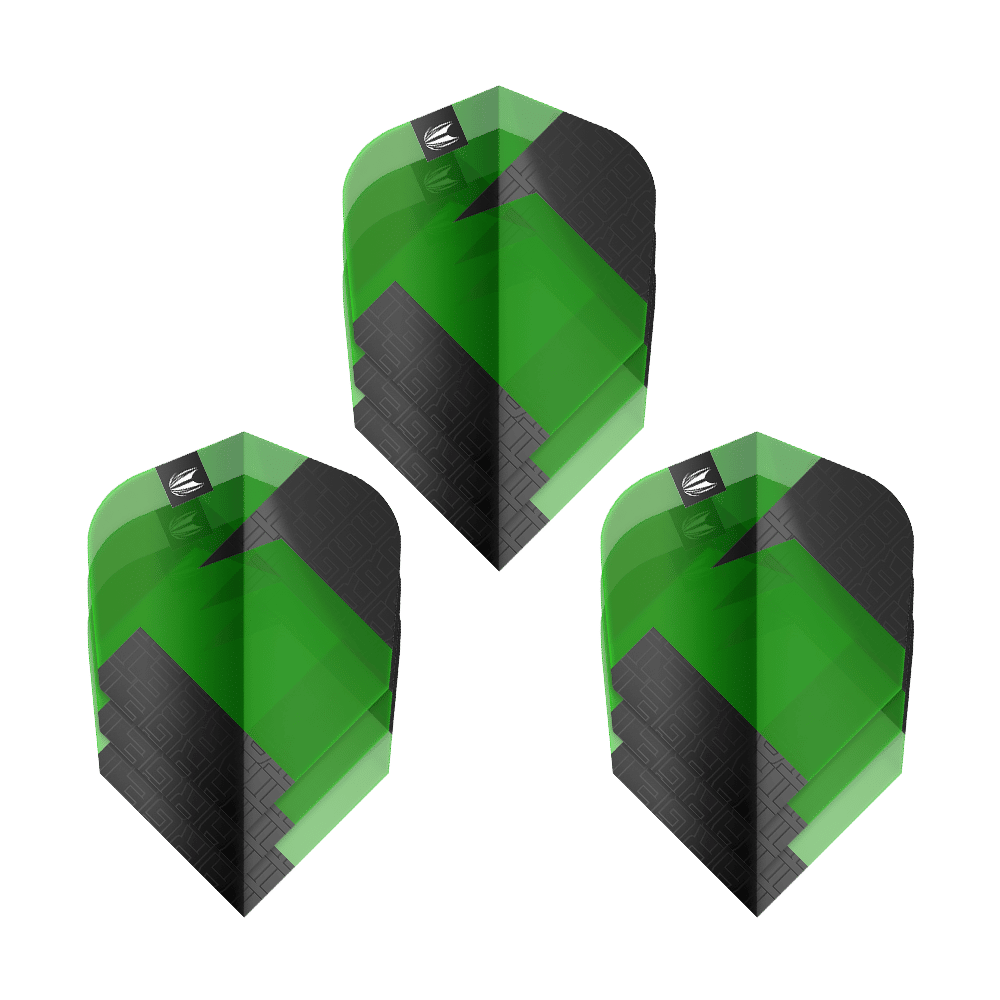 Das Bild zeigt drei grüne und schwarze Dart-Flights des Produkts "Target Pro Ultra TAG Grün Ten-X Standard". Die Flights haben ein auffälliges geometrisches Muster und das Target-Logo oben.