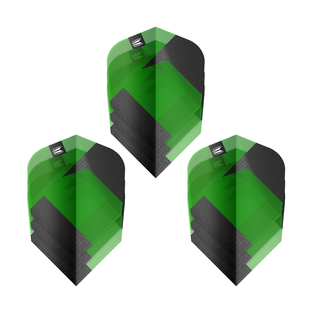 Target Pro Ultra TAG Grün Ten-X Standard Flights - 3 Sets Das Bild zeigt drei grüne und schwarze Dart-Flights des Produkts "Target Pro Ultra TAG Grün Ten-X Standard". Die Flights haben ein auffälliges geometrisches Muster und das Target-Logo oben.