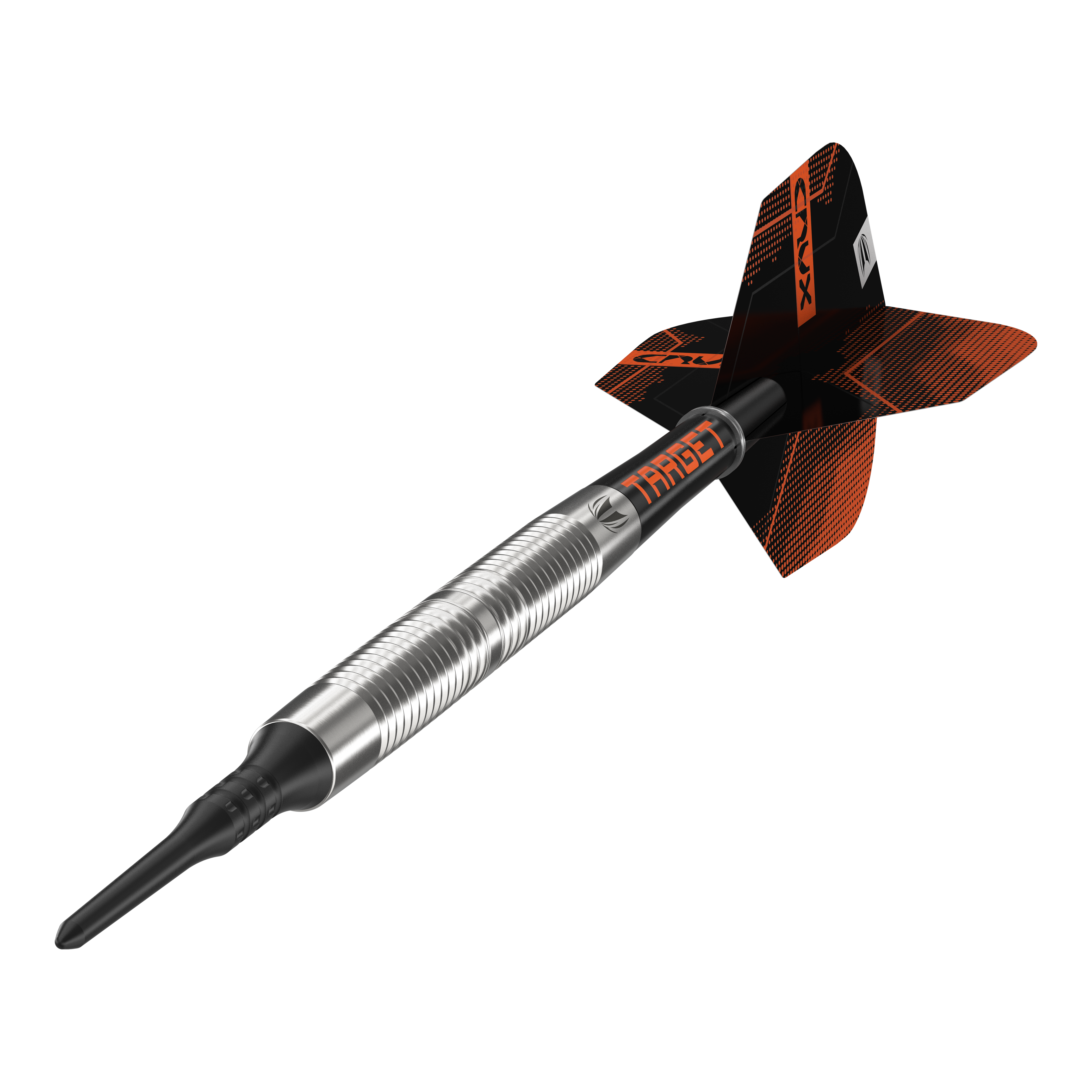 Das Bild zeigt einen Softdartpfeil mit einer silbernen, geriffelten Spitze und schwarzen sowie orangefarbenen Flügeln. Auf dem Schaft steht das Wort "TARGET" in orange.