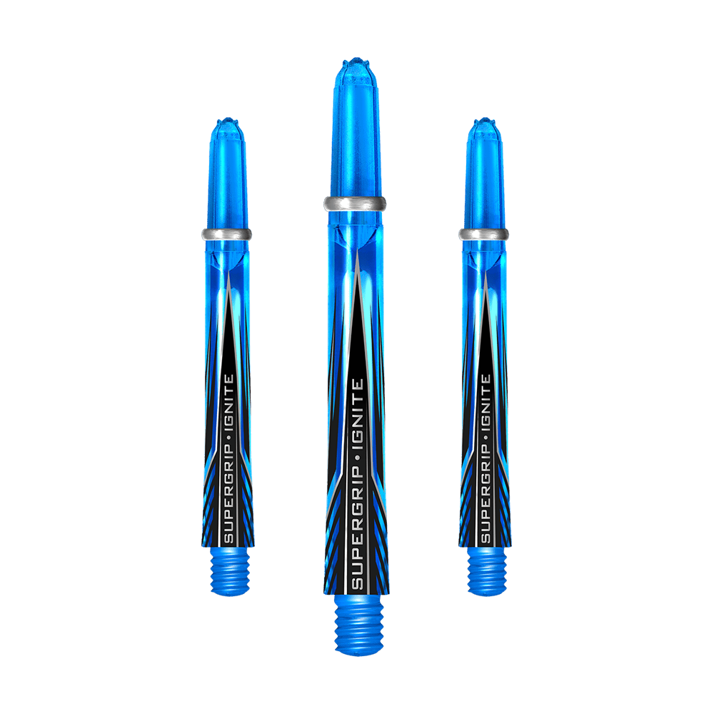 Das Bild zeigt drei blaue Dartschäfte mit der Aufschrift "Supergrip Ignite". Es handelt sich um das Produkt "Harrows Supergrip Ignite Shafts - Aqua".