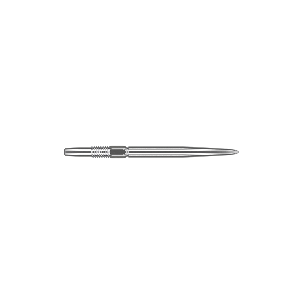 Auf dem Bild ist eine silberne Dartspitze zu sehen. Sie ist schmal, metallisch und hat eine Länge von 26 mm.