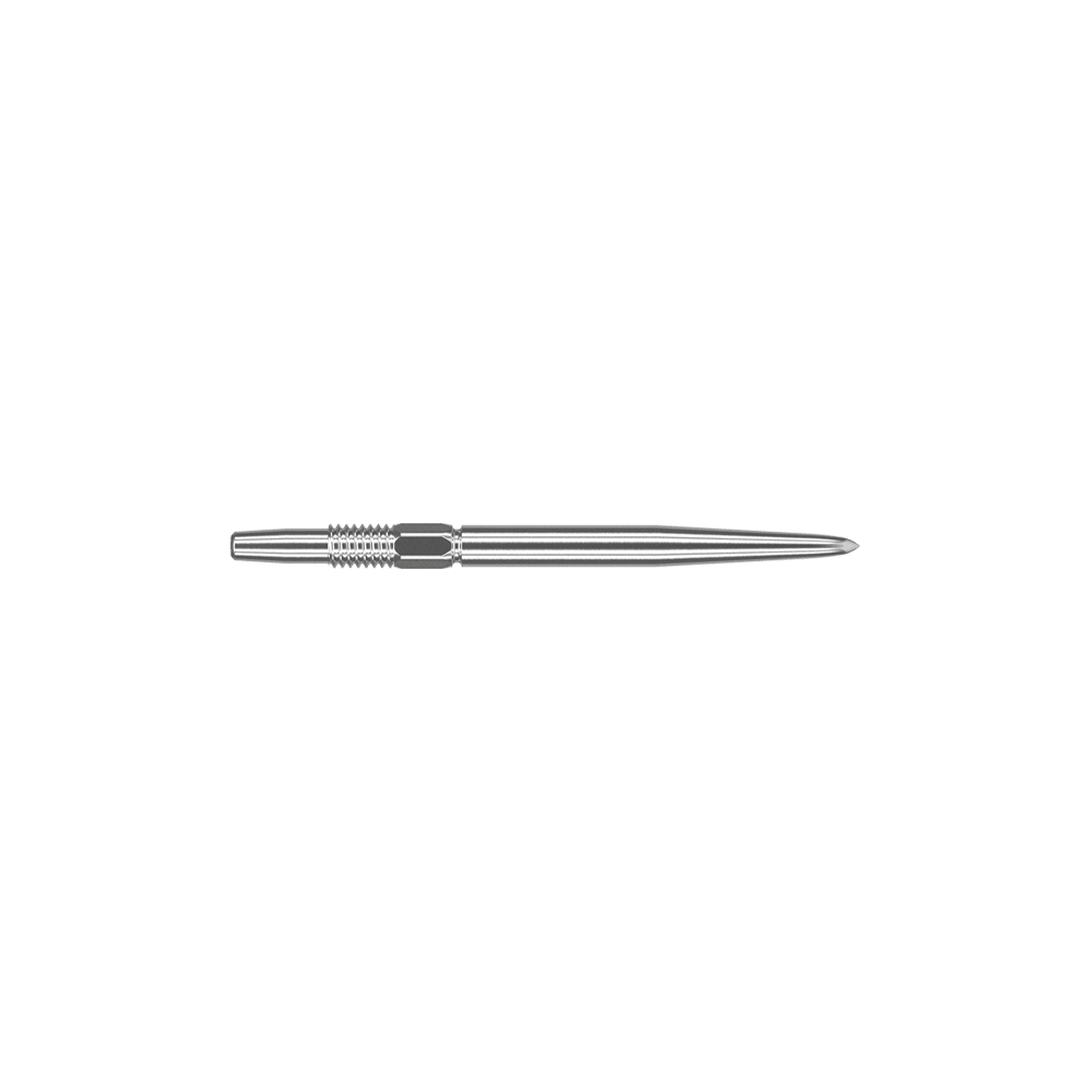 Target Swiss Point Silver Dartspitzen Auf dem Bild ist eine silberne Dartspitze zu sehen. Sie ist schmal, metallisch und hat eine Länge von 26 mm.