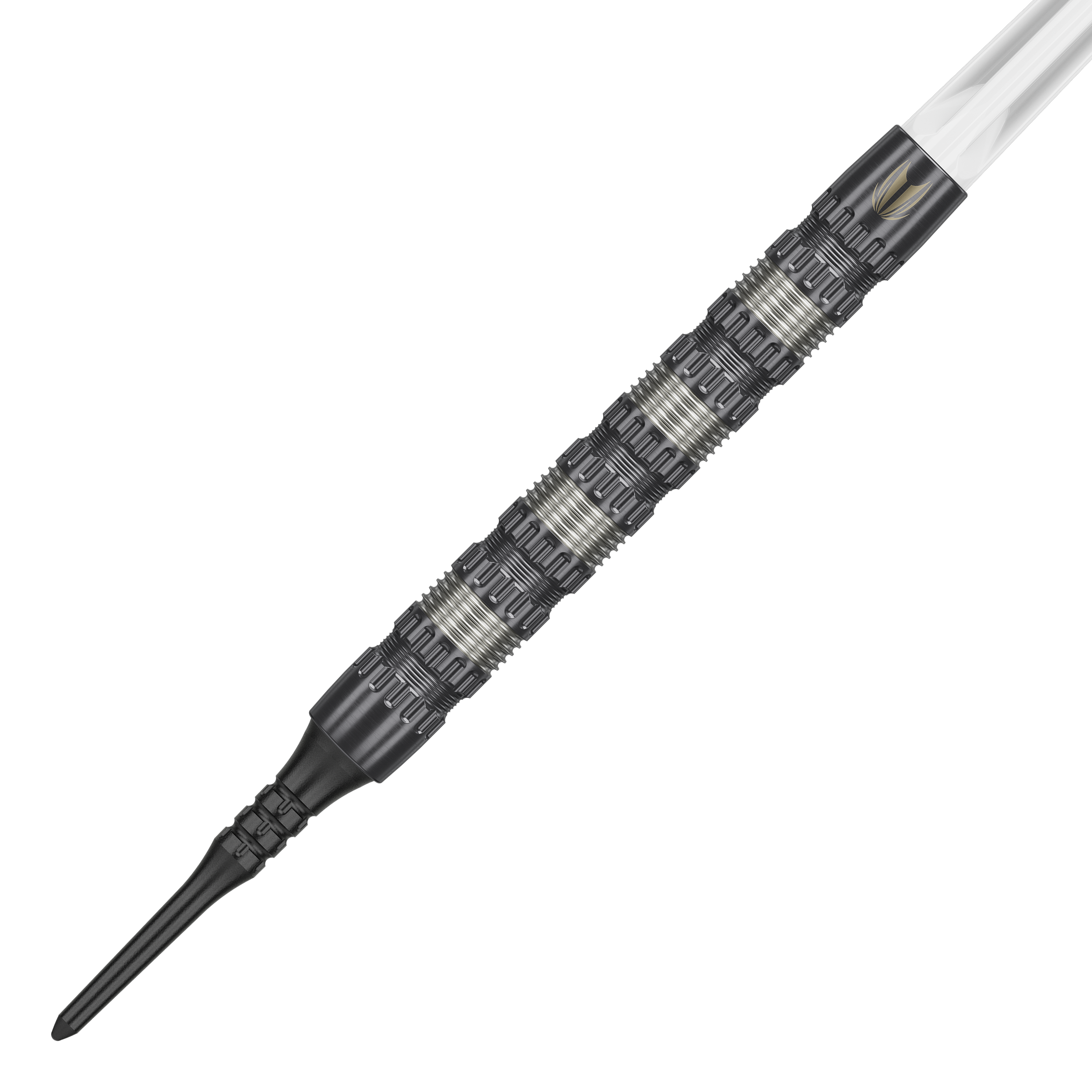 Target Rob Cross 95K Swiss Point Softdarts - 18g Das Bild zeigt einen Target Rob Cross 95K Swiss Point Softdart mit einem Gewicht von 18 Gramm. Der Dartpfeil hat ein markantes, silber-schwarzes Griffdesign und eine schwarze Softspitze.