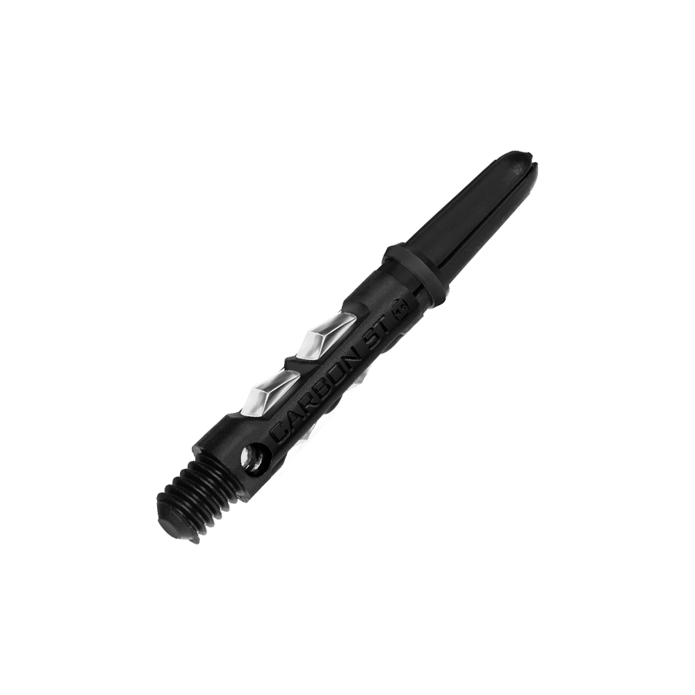 HR416_Harrows_Carbon_ST_Shafts_Clear_33mm_2 Das Bild zeigt einen Harrows Carbon ST Shaft in der Farbe Clear. Der Schaft hat ein modernes Design mit sichtbaren Carbon-Elementen und einer klaren Beschriftung.