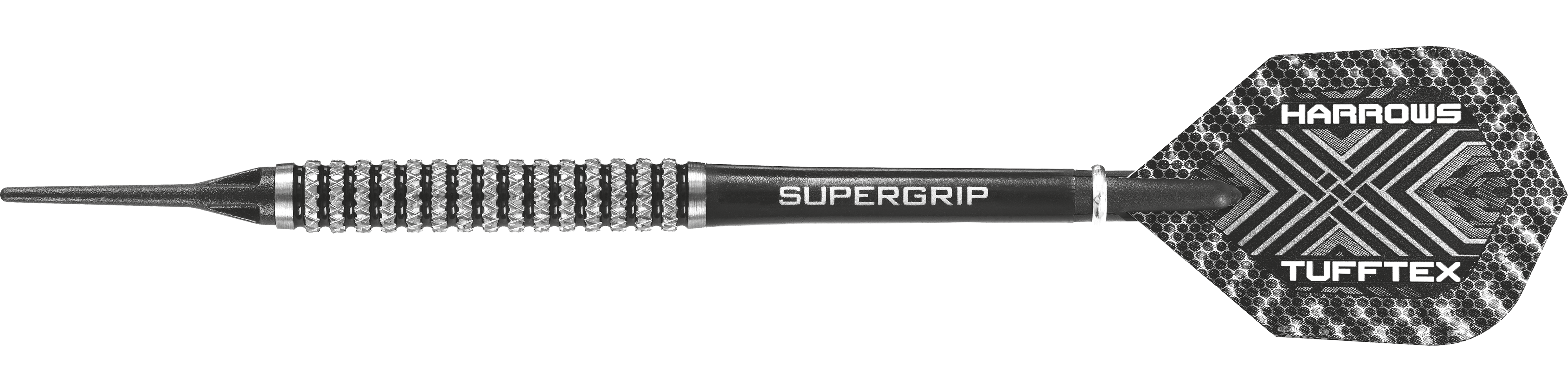 Dies ist ein schwarzer Softdartpfeil mit strukturiertem Griff und der Aufschrift "SUPERGRIP" am Schaft. Auf dem Flight stehen die Wörter "HARROWS" und "TUFFTEX".
