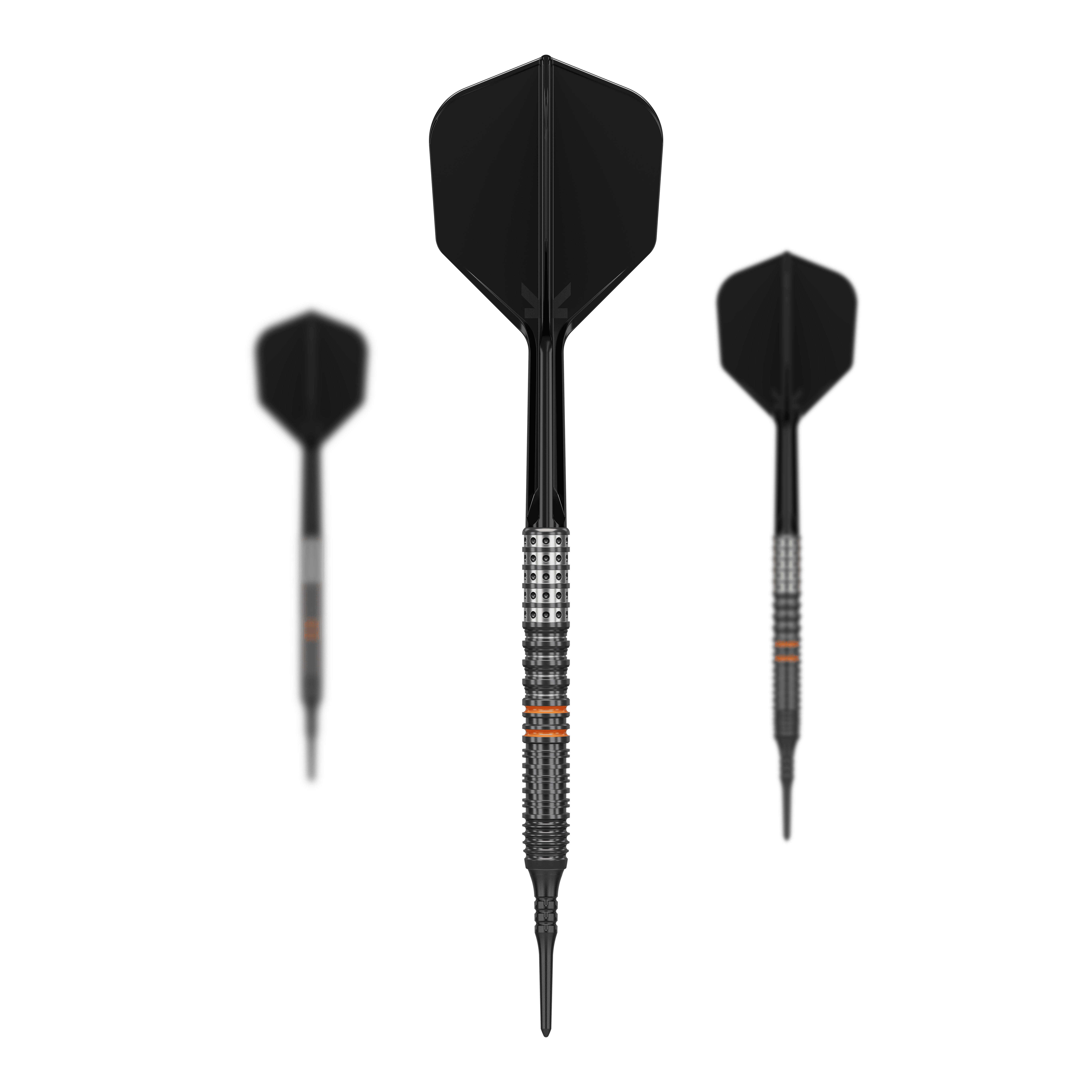 Das Bild zeigt drei schwarze Softdarts des Modells "Target Japan Black Marque Morpheus GEN2 - 19g". Die Darts haben ein modernes Design mit silbernen und orangen Akzenten am Griffstück.