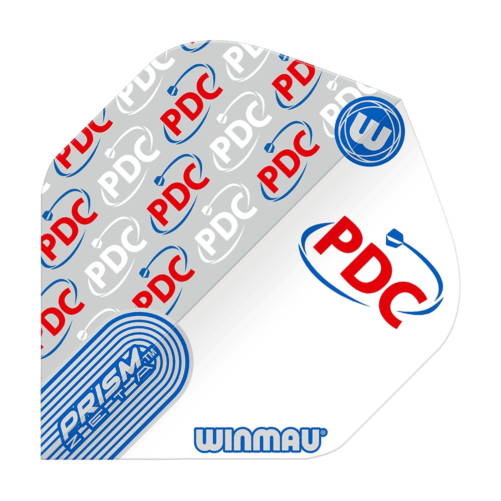 Das Bild zeigt einen Winmau Prism Zeta PDC White Standard Flight für Darts. Das Design ist weiß mit roten und blauen "PDC"-Logos und dem Winmau-Schriftzug.