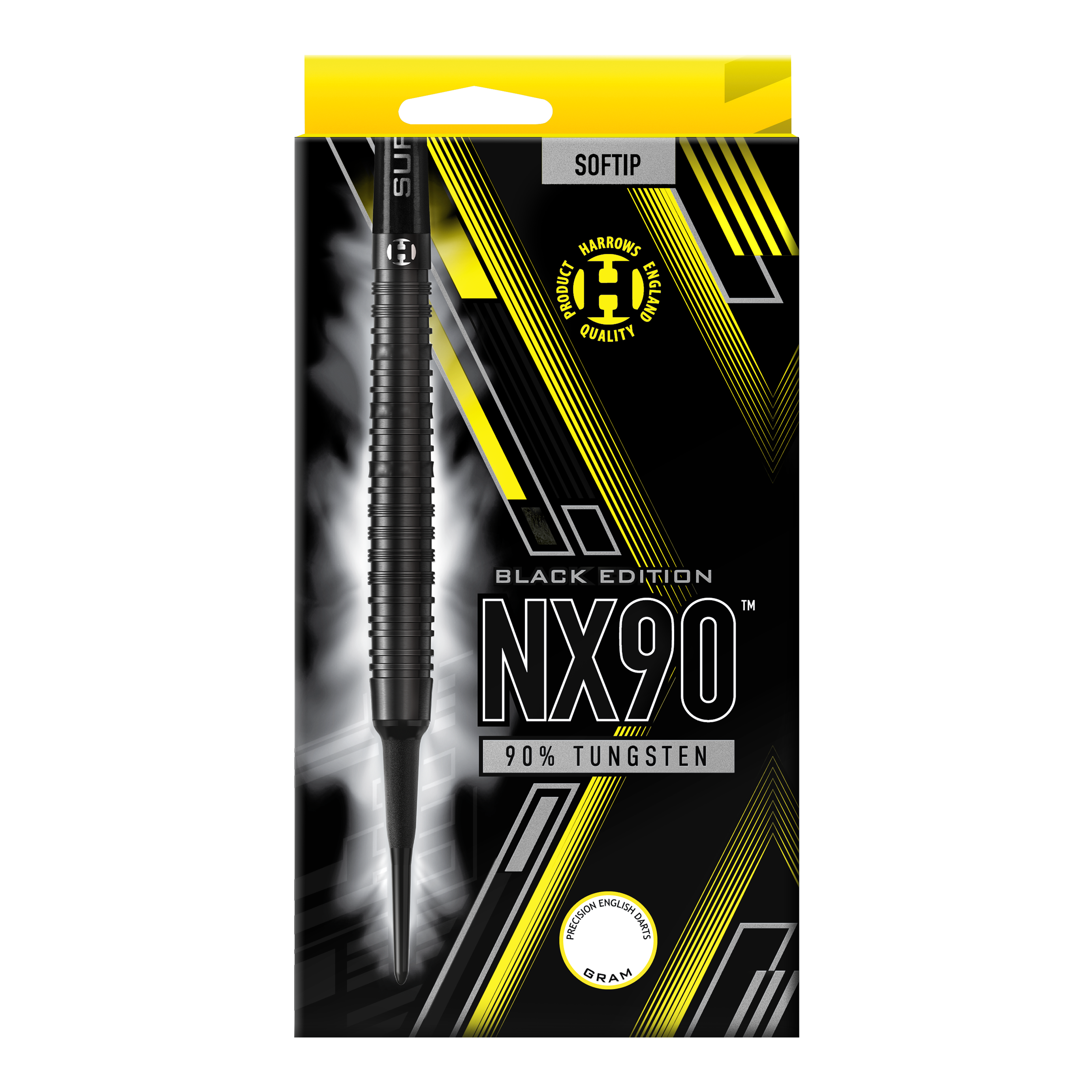 Harrows NX90 Black-Edition Softdarts Auf dem Bild ist die Verpackung der "Harrows NX90 Black-Edition Softdarts" zu sehen. Die Verpackung ist überwiegend schwarz mit gelben und silbernen Akzenten und zeigt einen Softdart aus 90% Tungsten.