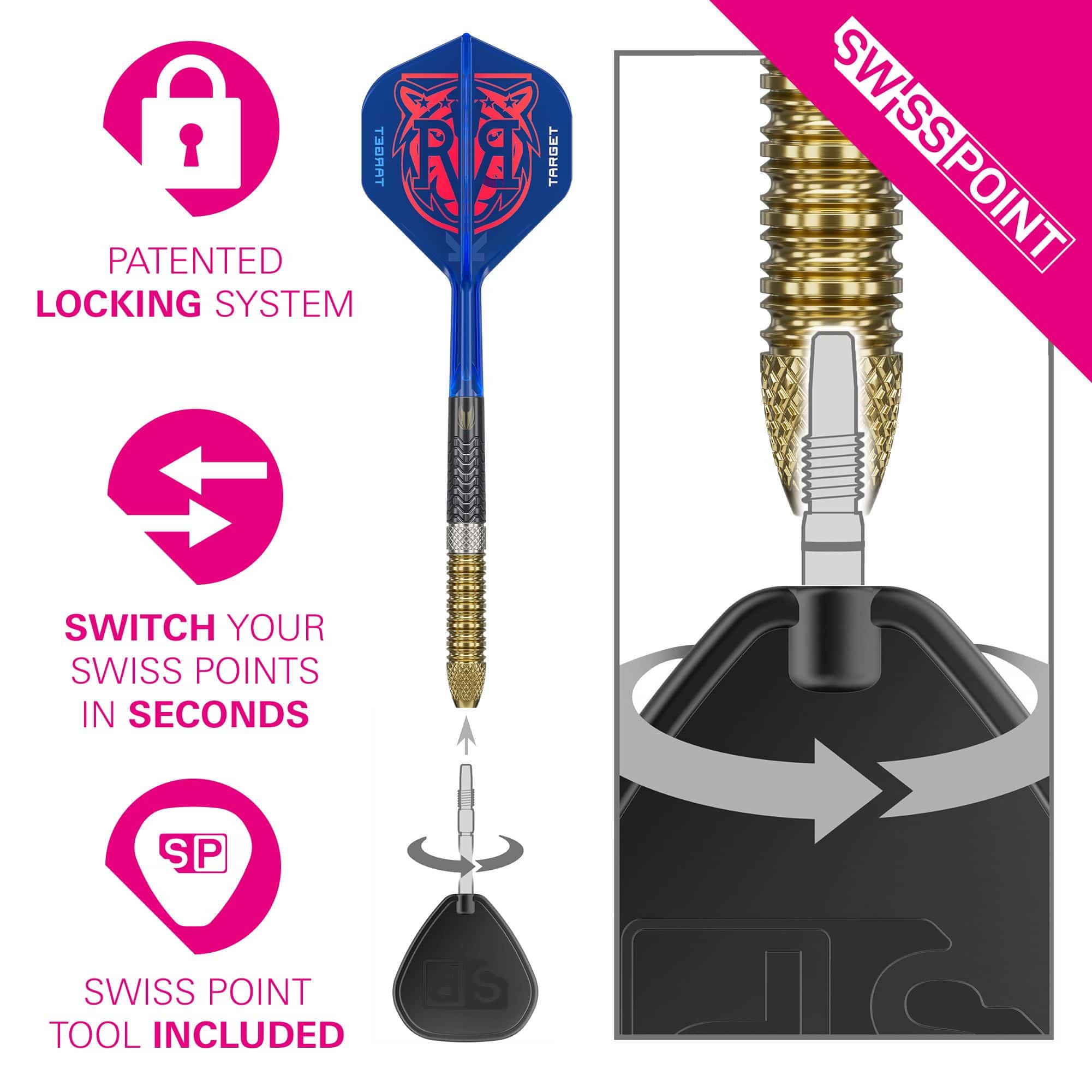 Target Raymond Van Barneveld GEN6 Swiss Point Steeldarts Das Bild zeigt die Target Raymond Van Barneveld GEN6 Swiss Point Steeldarts. Die Darts sind hochwertig verarbeitet und speziell für professionelle Spieler entwickelt.