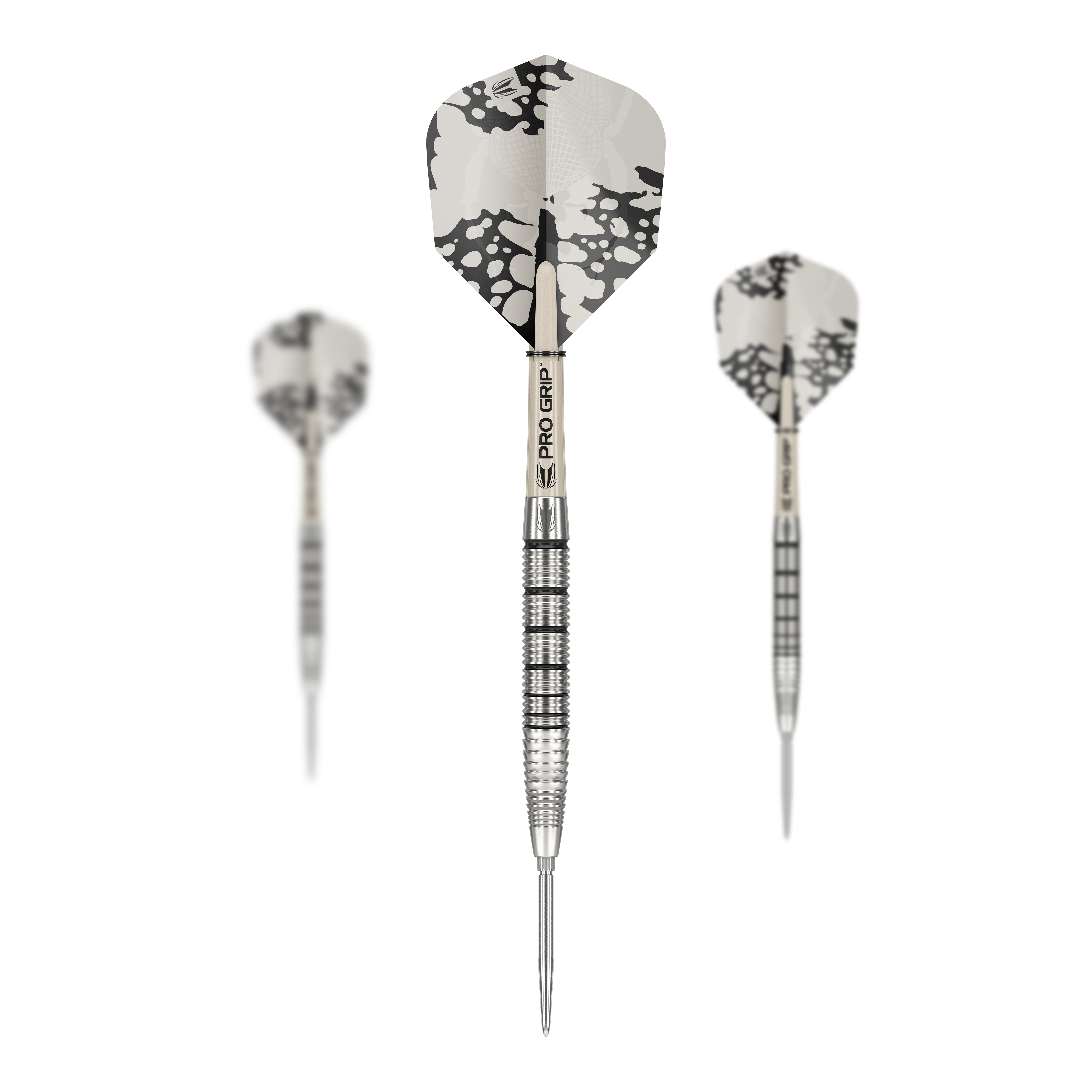 Target EXO SP02 Swiss Point Steeldarts Das Bild zeigt drei Target EXO SP02 Swiss Point Steeldarts mit modernen, silbernen Flights. Die Darts haben einen geriffelten Griff und sind mit dem Schriftzug "PRO GRIP" versehen.