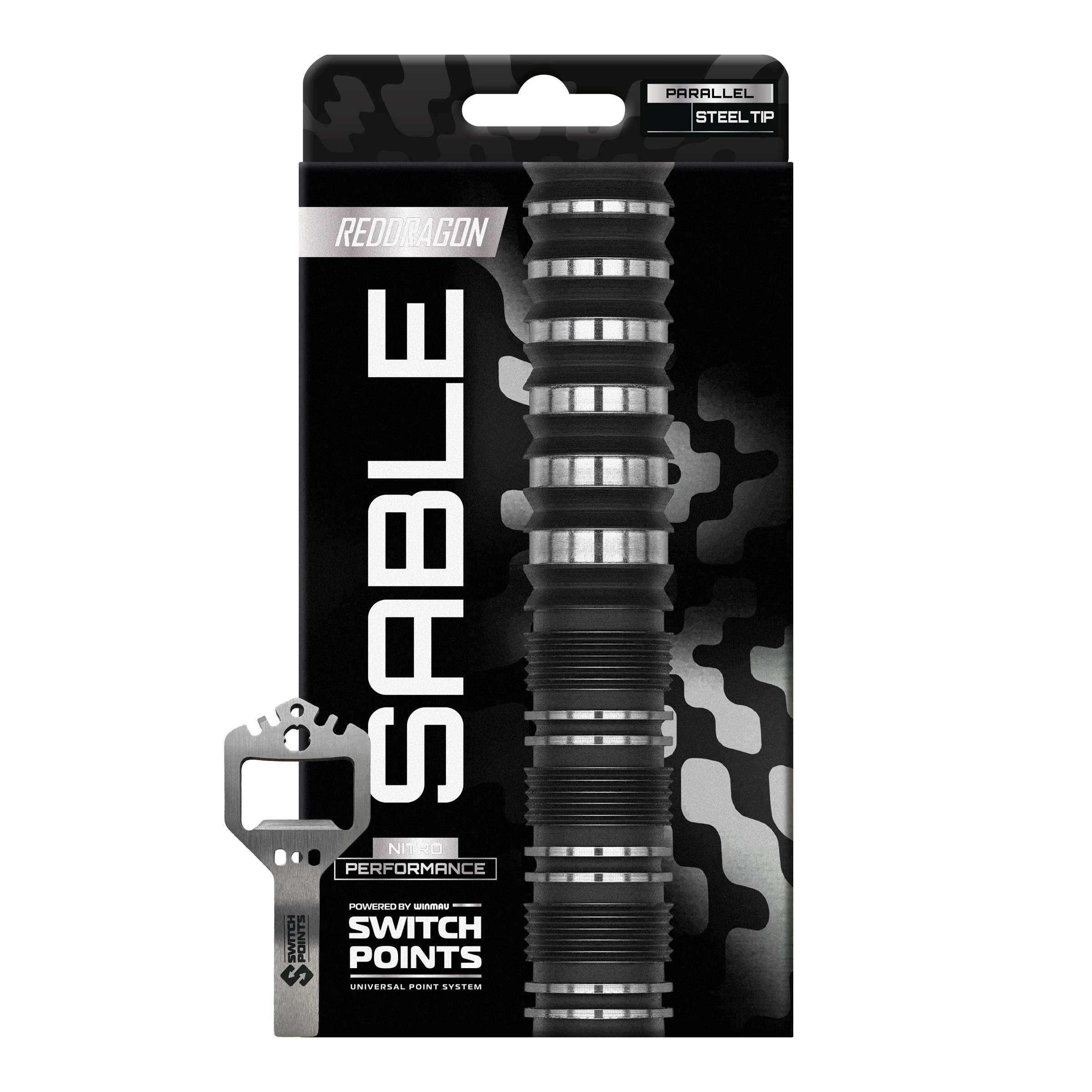 Abgebildet ist ein Satz Red Dragon Sable Parallel Switch Point Steeldarts. Die Darts sind präzise ausbalanciert und ideal für Dartspieler geeignet.