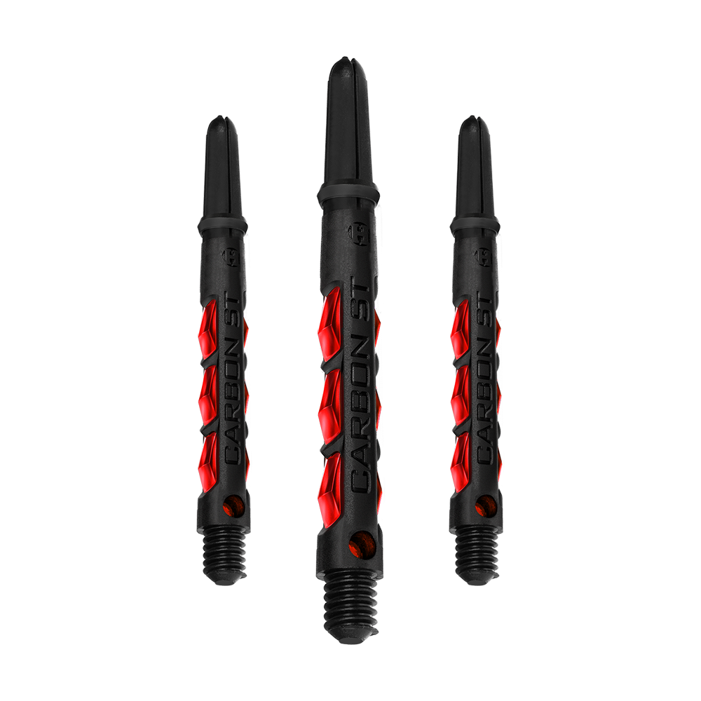 HR433_Harrows_Carbon_ST_Shafts_Rot_47mm_1 Das Bild zeigt drei Harrows Carbon ST Shafts in der Farbe Rot. Die Dartschäfte sind schwarz mit auffälligen roten Akzenten und dem Schriftzug "Carbon ST".
