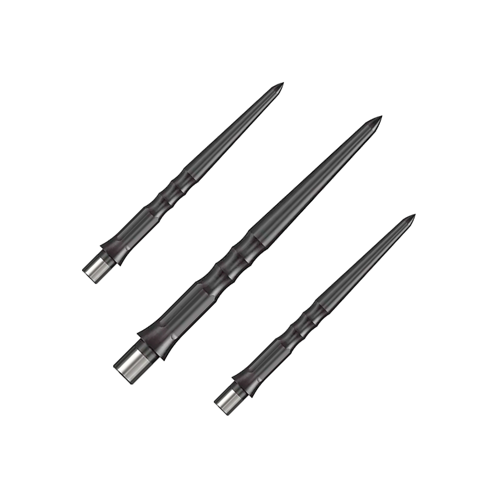 Caliburn System Steeldartspitzen - Ripple - NoLip - Schwarz Auf dem Bild sind drei schwarze Stahlspitzen für Dartpfeile zu sehen. Sie haben ein geriffeltes Design und sind 28 mm lang.