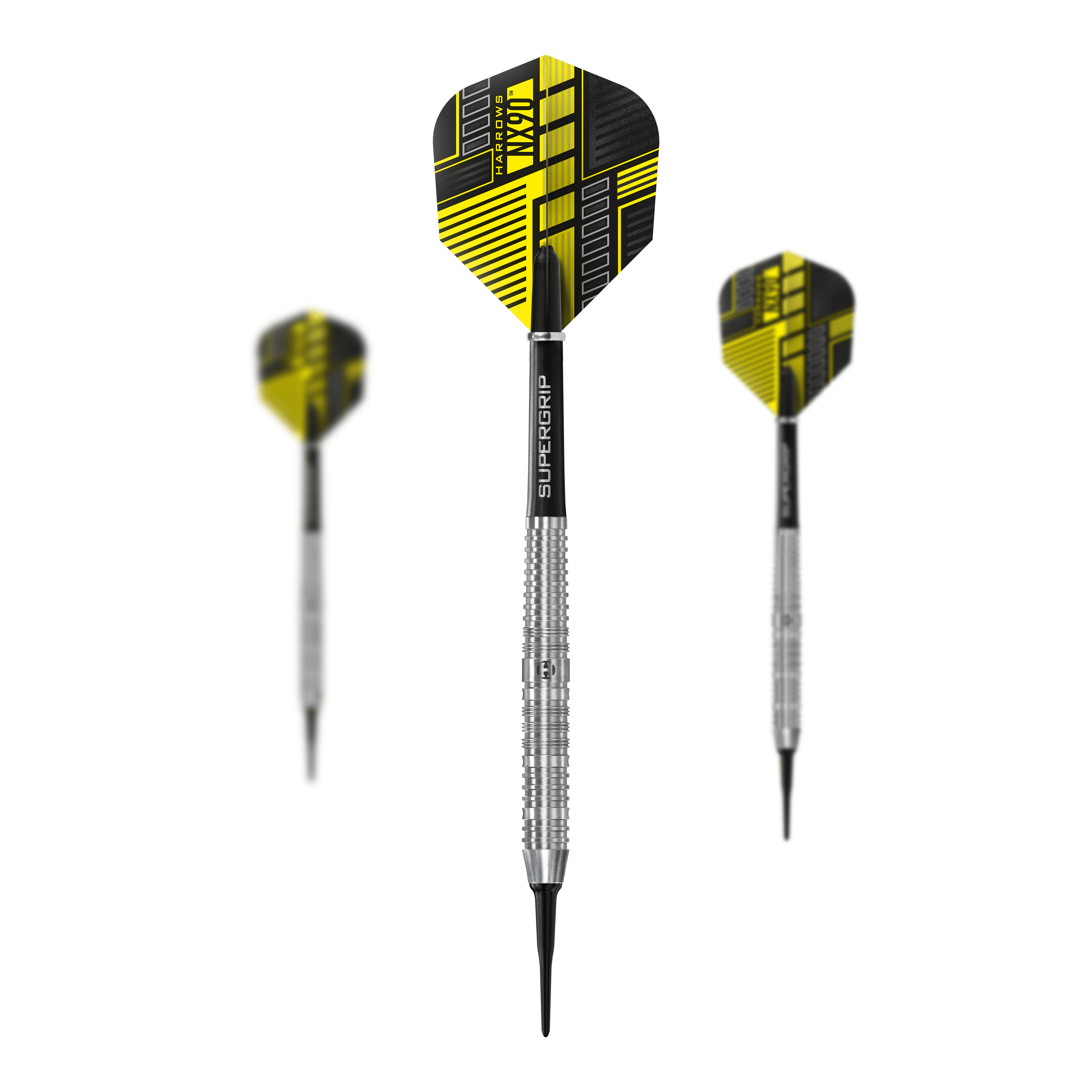 Das Bild zeigt drei Softdarts des Produkts "Harrows NX90 Parallel". Die Darts haben gelb-schwarze Flights und silberne, geriffelte Barrels.
