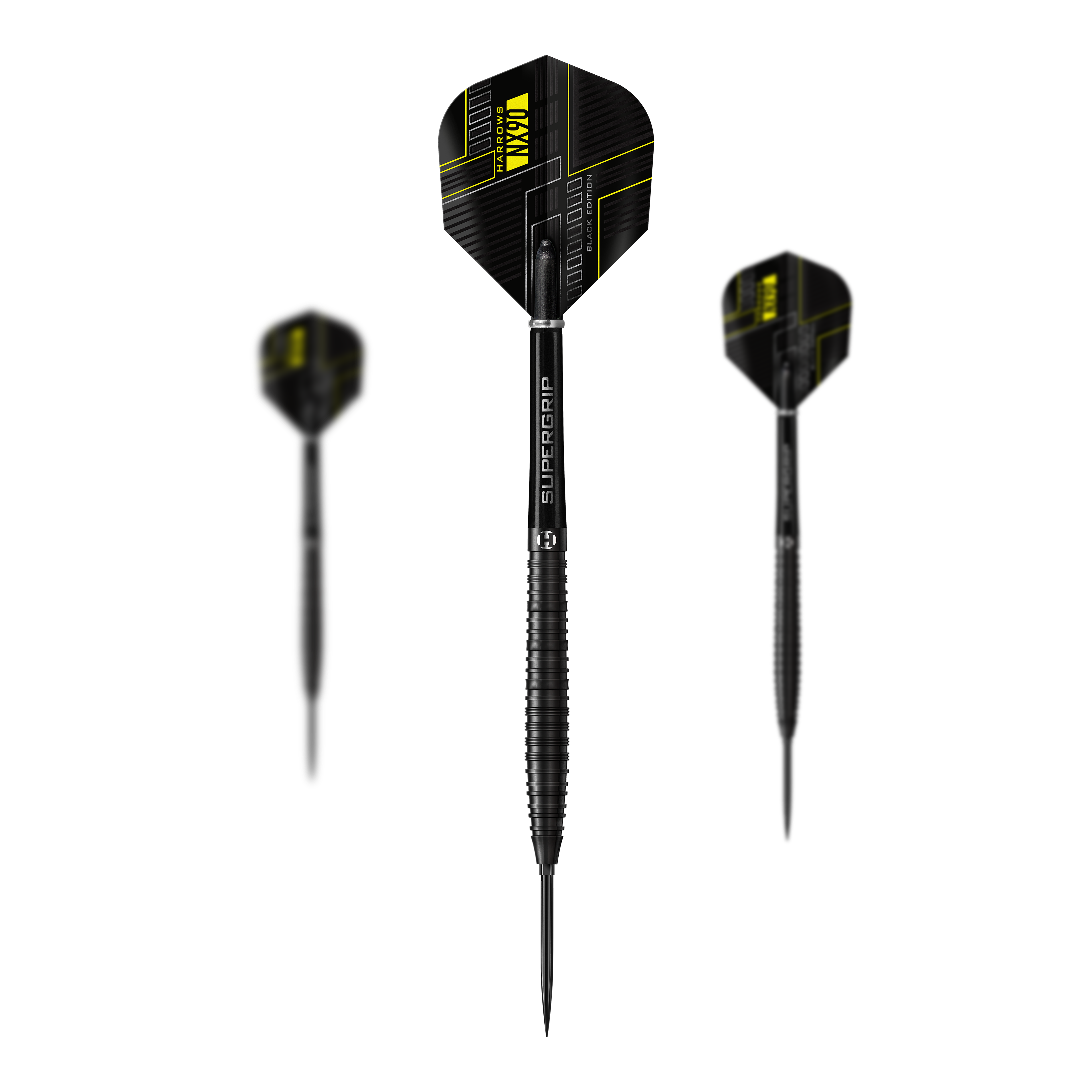 Harrows NX90 Black Edition Tapered Quick Point Steeldarts Abgebildet sind die Harrows NX90 Black Edition Tapered Quick Point Steeldarts als Set. Das Bild zeigt die Zusammenstellung der Darts.