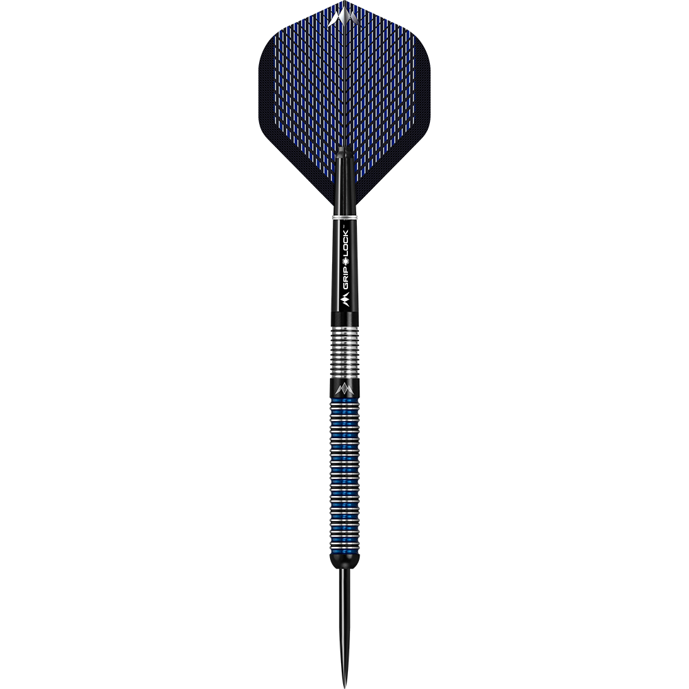 Mission Nightfall Model 1 Steeldarts Das Bild zeigt einen Mission Nightfall Model 1 Steeldart. Der Dart hat ein modernes Design mit schwarzen und blauen Akzenten.