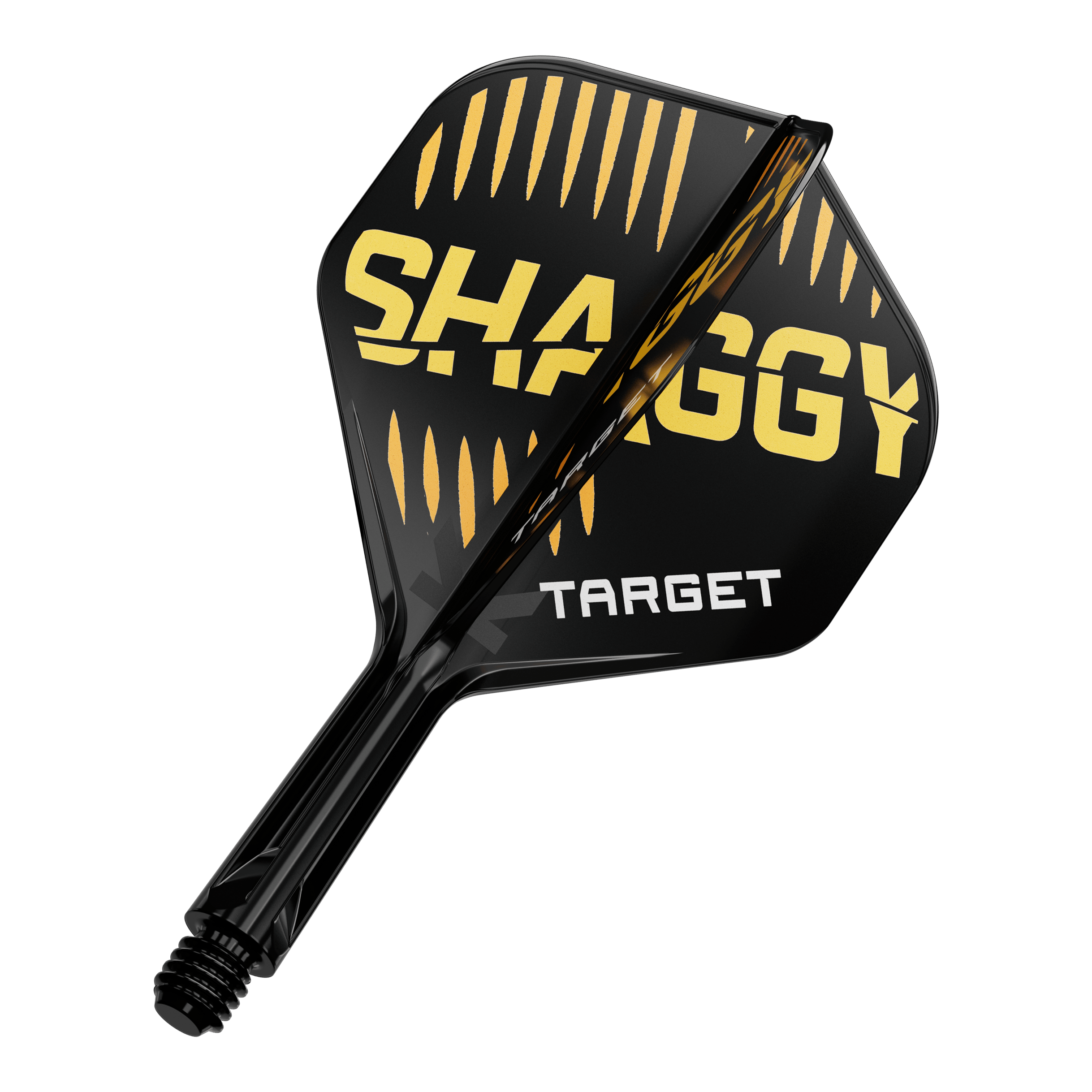Target K-Flex Scott Williams No2 Standard Flight-Shaft-System Das Bild zeigt eine schwarze Dartflügel mit gelben und weißen Aufschriften. Auf dem Flügel stehen die Worte "SHAGGY" und "TARGET".