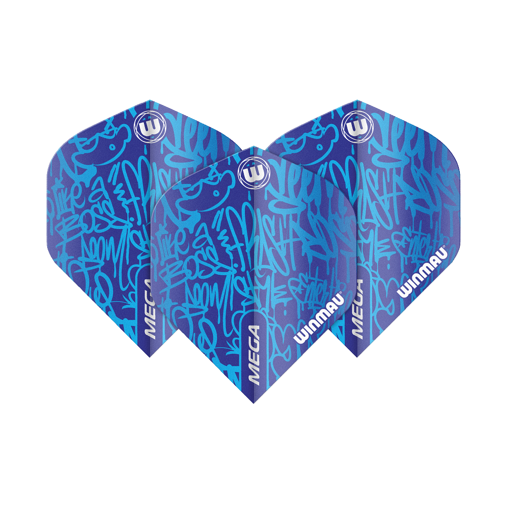 6900-240_Winmau_Mega_Blue_Standard_Flights_1nd3pGe9p5OaM7 Das Bild zeigt drei blaue Dart-Flights der Marke Winmau mit dem Namen "Mega Blue Standard Flights". Die Flights haben ein auffälliges, grafisches Muster in verschiedenen Blautönen und weißen Schriftzügen.