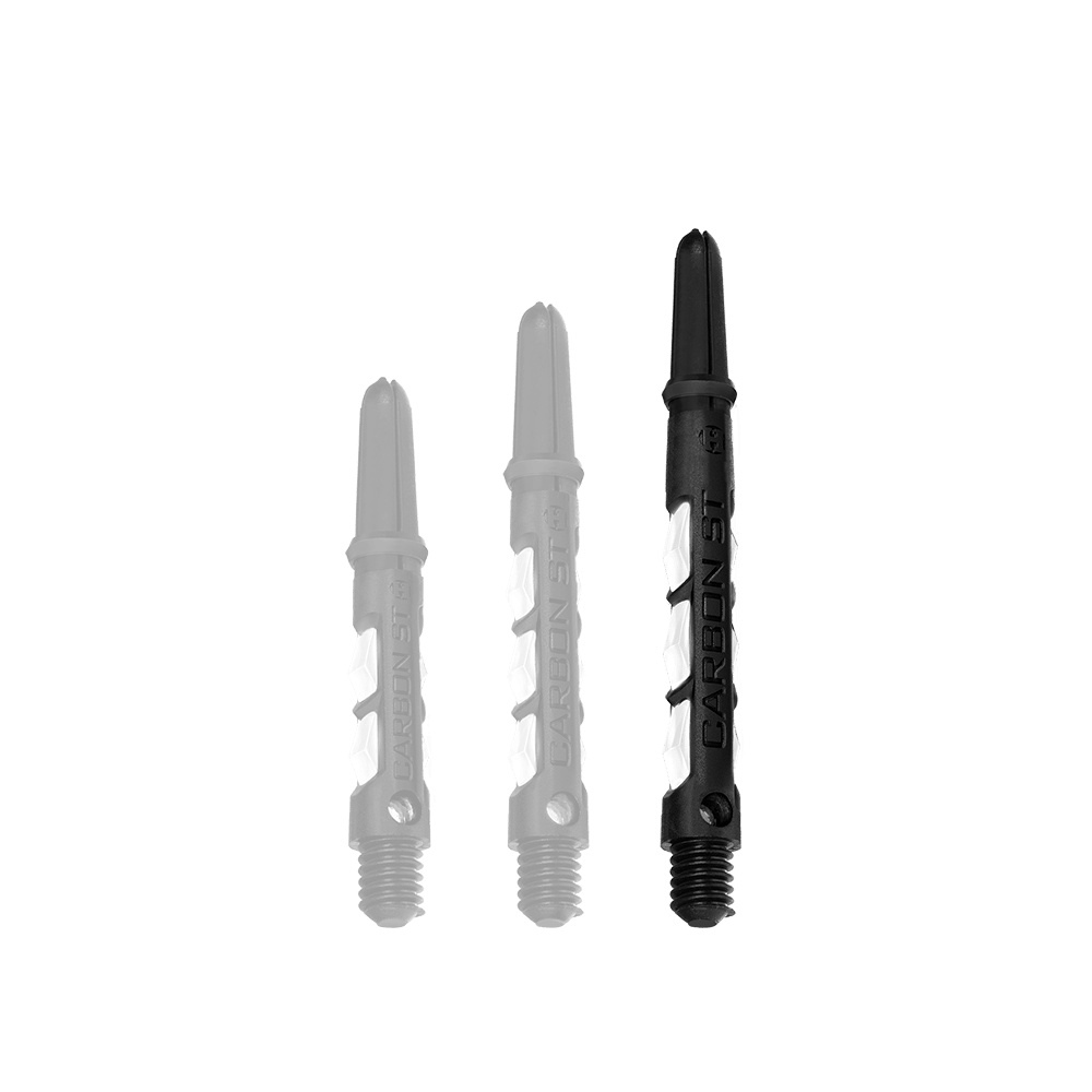 Das Bild zeigt drei Harrows Carbon ST Shafts in der Farbe Weiß. Die Dartschäfte sind in unterschiedlichen Längen abgebildet.