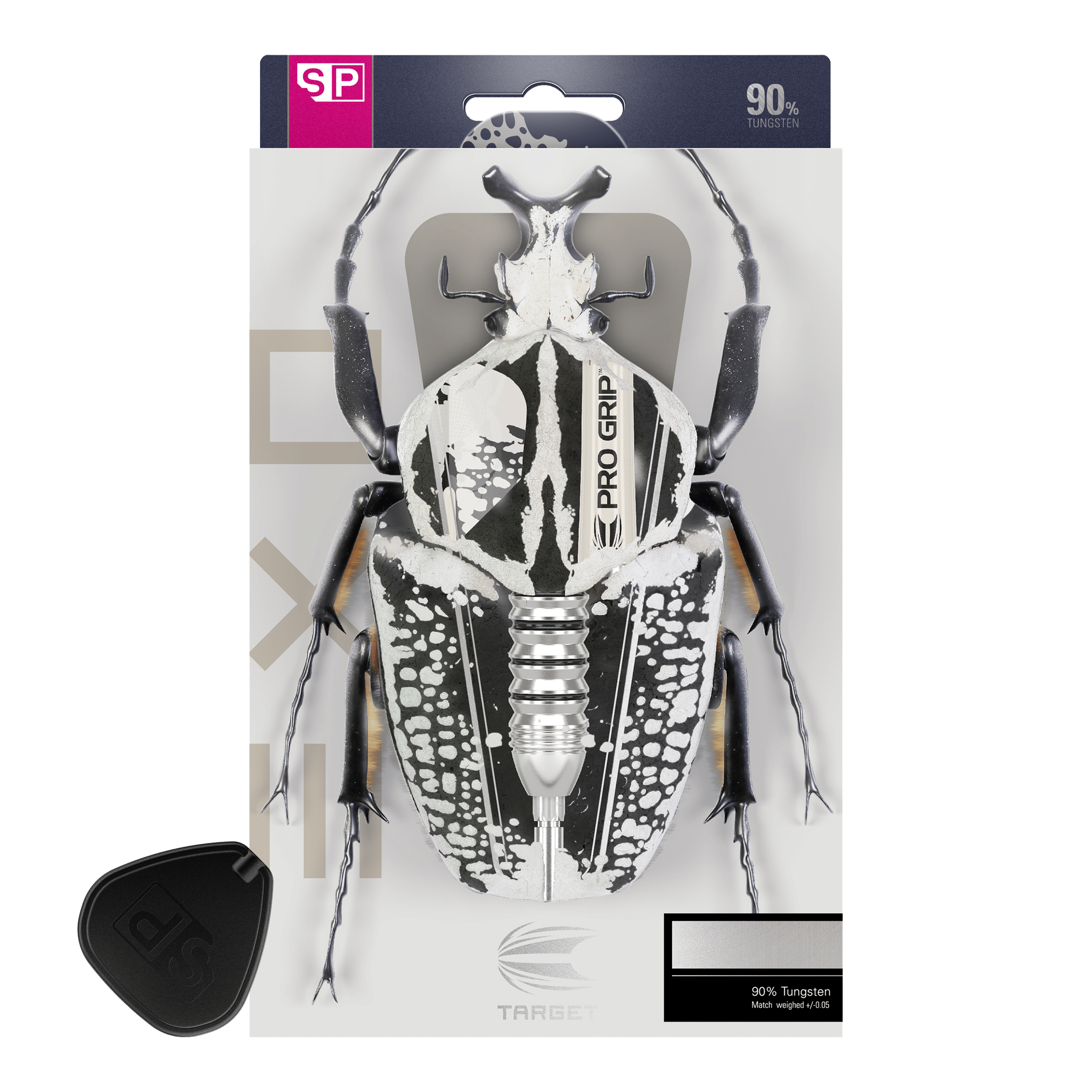 Target EXO SP03 Swiss Point Steeldarts Die Verpackung zeigt die Target EXO SP03 Swiss Point Steeldarts mit einem auffälligen Käferdesign. Auf der Packung steht, dass die Darts aus 90 % Tungsten bestehen.