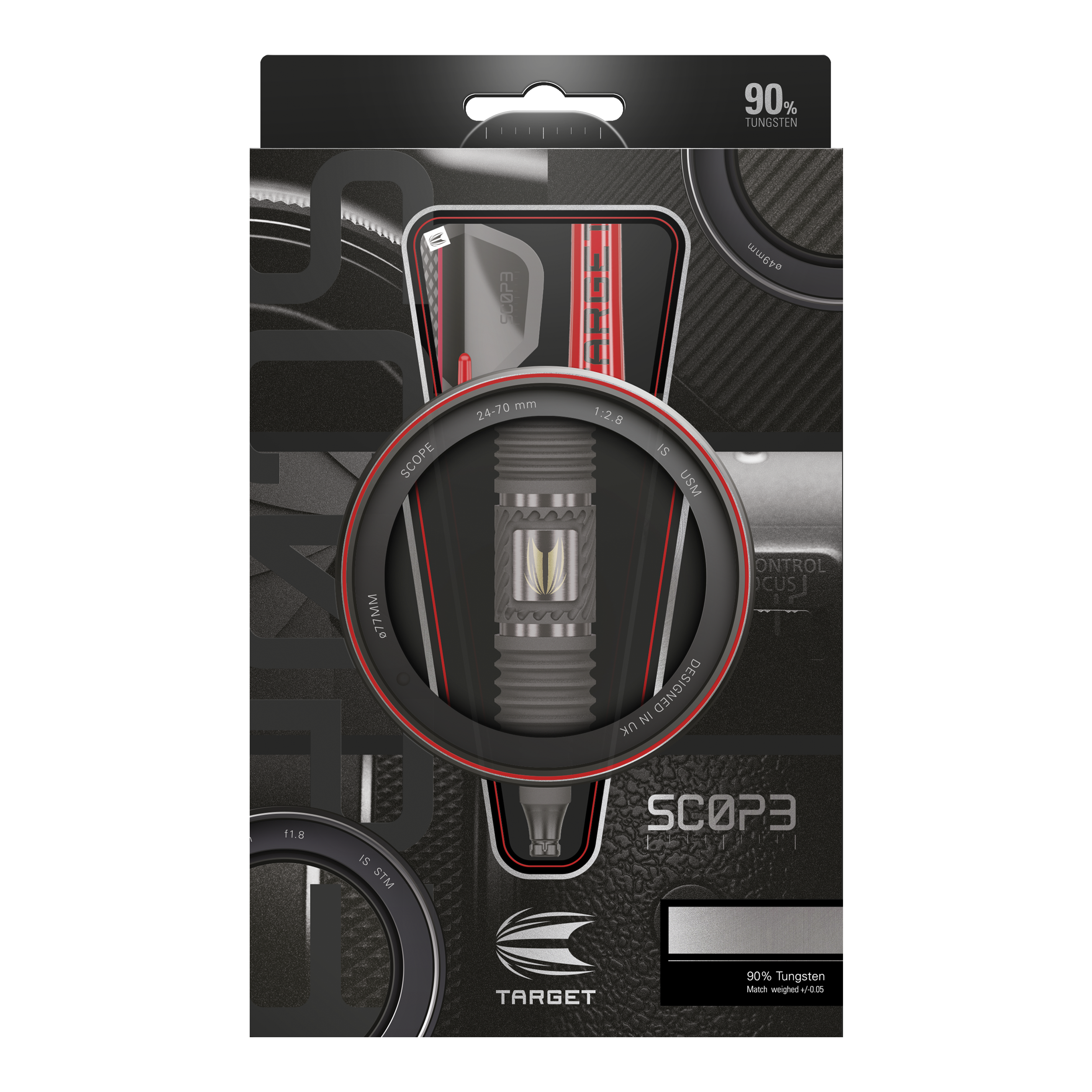 Auf dem Bild ist eine Verpackung für Softdarts der Marke Target zu sehen. Die Darts bestehen zu 90 % aus Wolfram und das Modell heißt Scope 3.