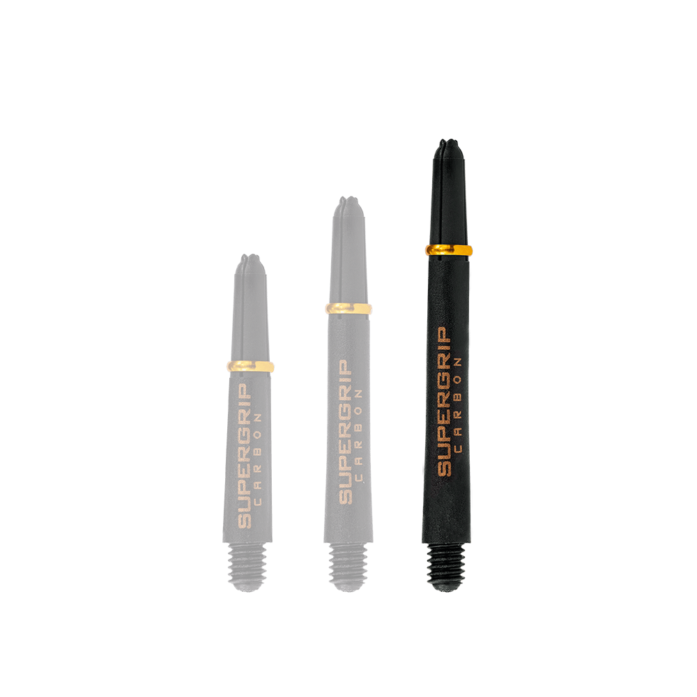Das Bild zeigt drei schwarze Harrows Supergrip Carbon Shafts mit goldenen Akzenten. Die Shafts sind in verschiedenen Längen angeordnet.