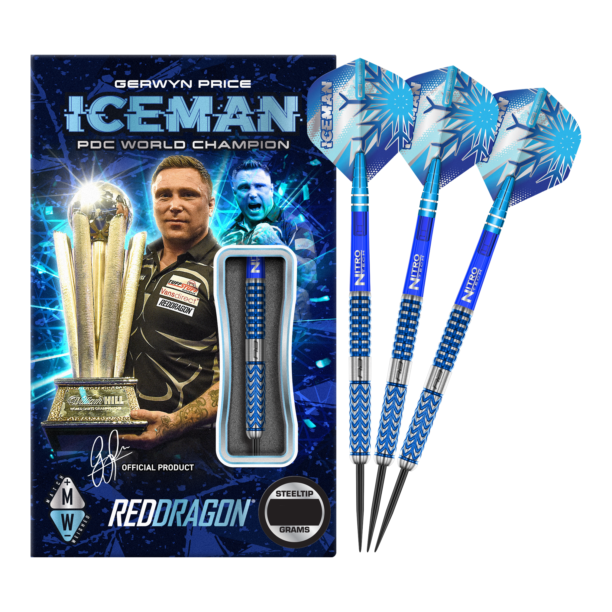 Red Dragon Gerwyn Price Glacier Steeldarts Das Bild zeigt das Produkt "Red Dragon Gerwyn Price Glacier Steeldarts" in einer auffälligen blauen Verpackung mit einem Bild von Gerwyn Price und einer Trophäe. Rechts daneben sind drei blaue Steeldarts mit dem Namen "ICEMAN" auf den Flights zu sehen.