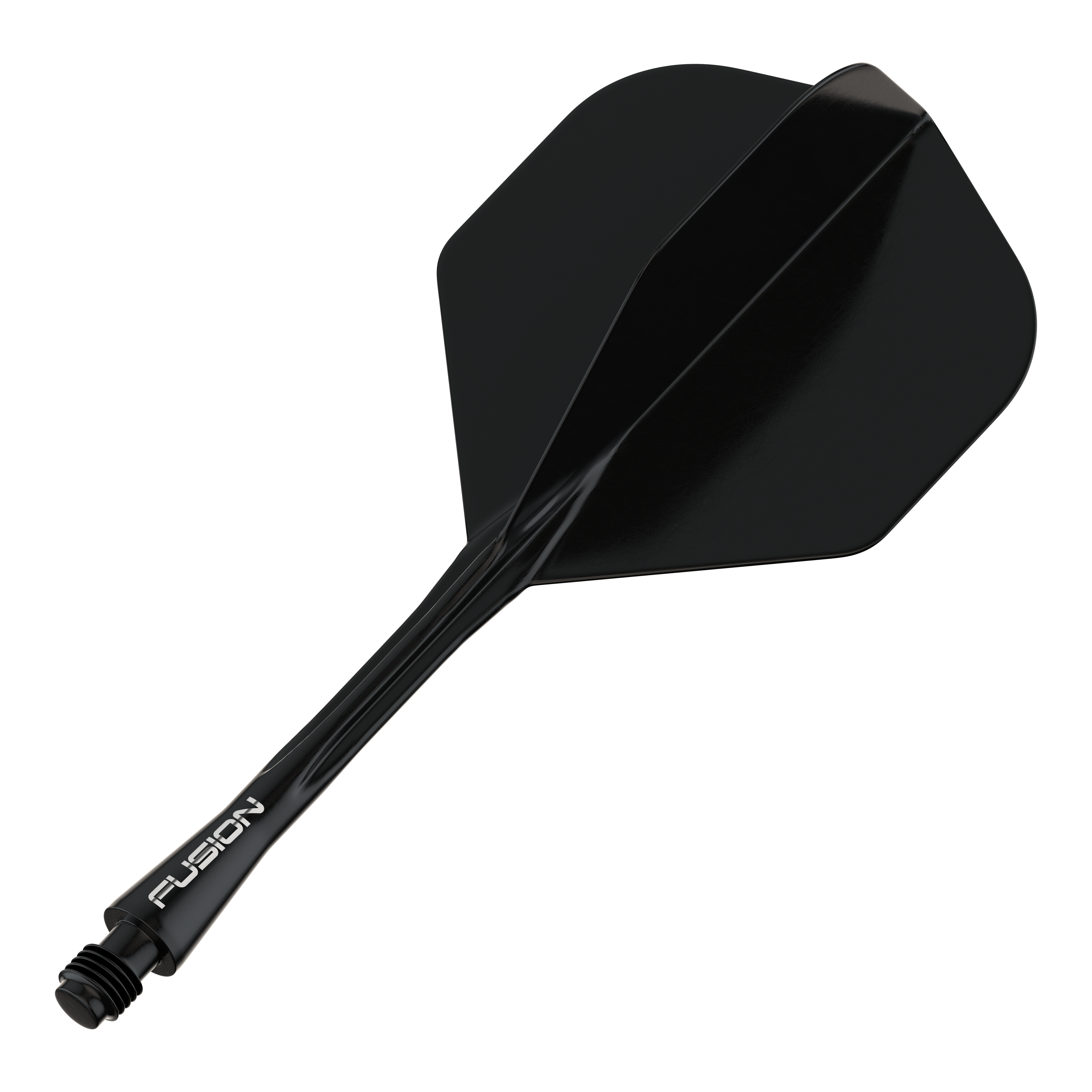 Das Bild zeigt ein schwarzes Dart-Flightsystem mit der Aufschrift "Fusion" auf dem Schaft. Es handelt sich um ein Winmau Fusion Flight Shaft System in Standardform.