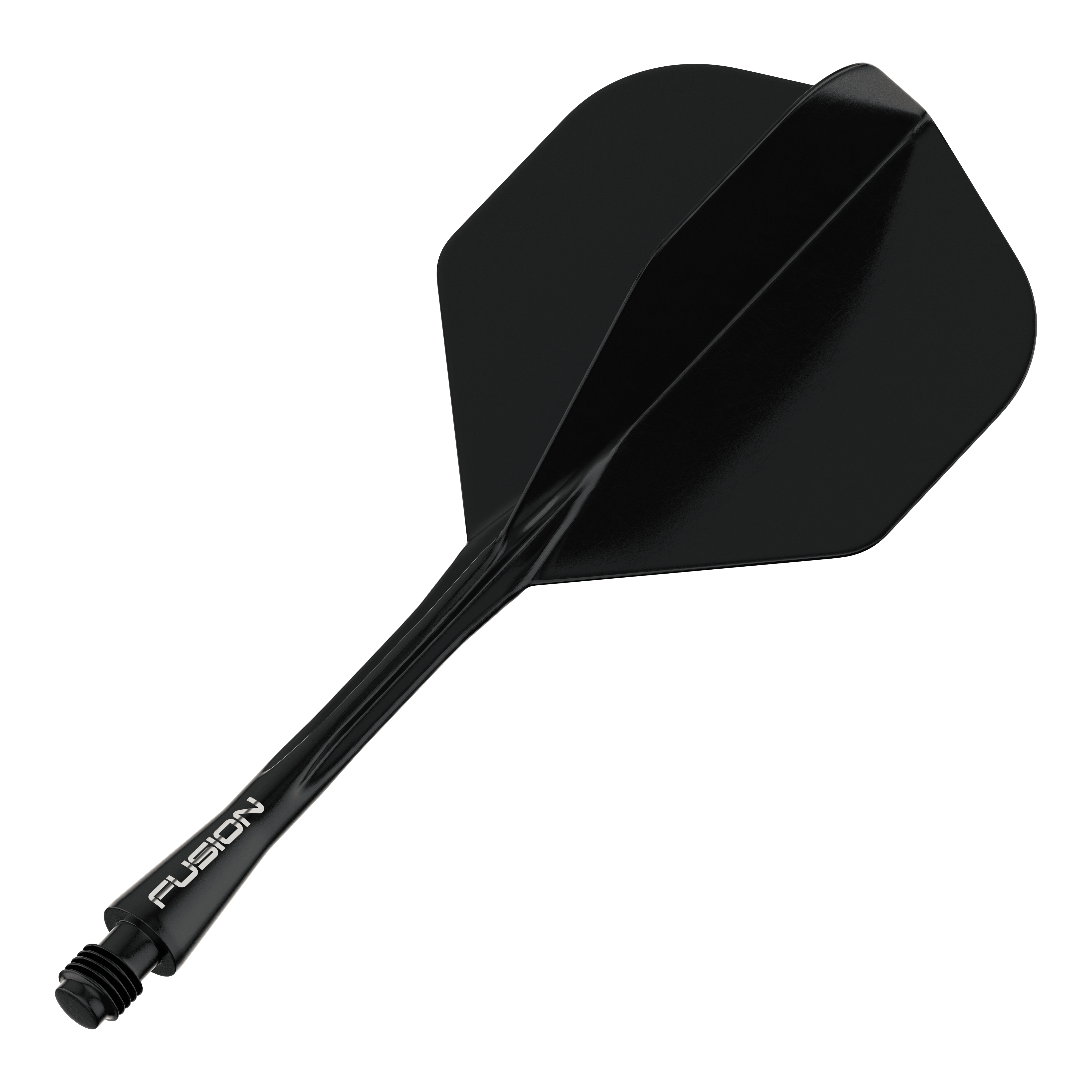 Winmau Fusion Flight Shaft System Standard Schwarz Das Bild zeigt ein schwarzes Dart-Flightsystem mit der Aufschrift "Fusion" auf dem Schaft. Es handelt sich um ein Winmau Fusion Flight Shaft System in Standardform.