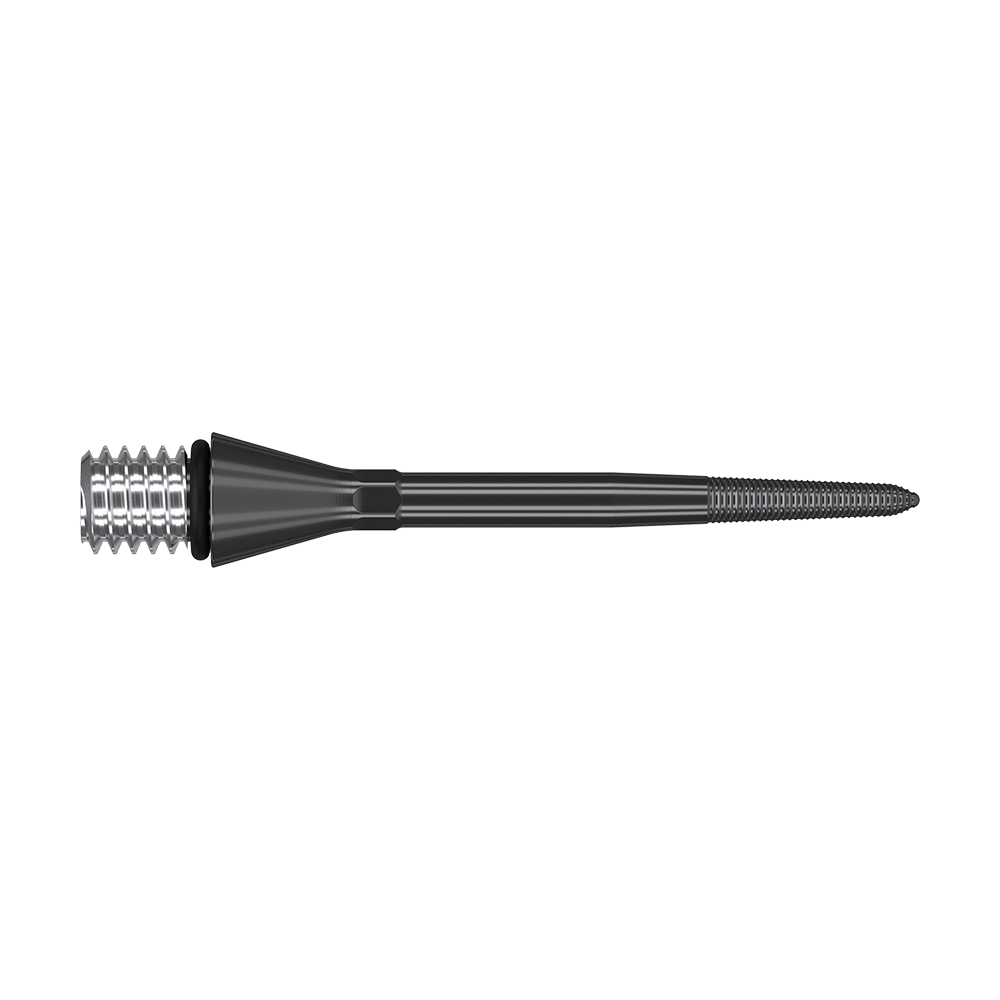 380161_Target_Titanium_Swiss_Point_Nano_Conversion_Points_Schwarz_30mm_2 Dieses Bild zeigt eine schwarze, lange Metallspitze mit einem Gewinde am linken Ende. Es handelt sich um eine Dartspitze aus Titan mit feiner Riffelung an der rechten Seite.