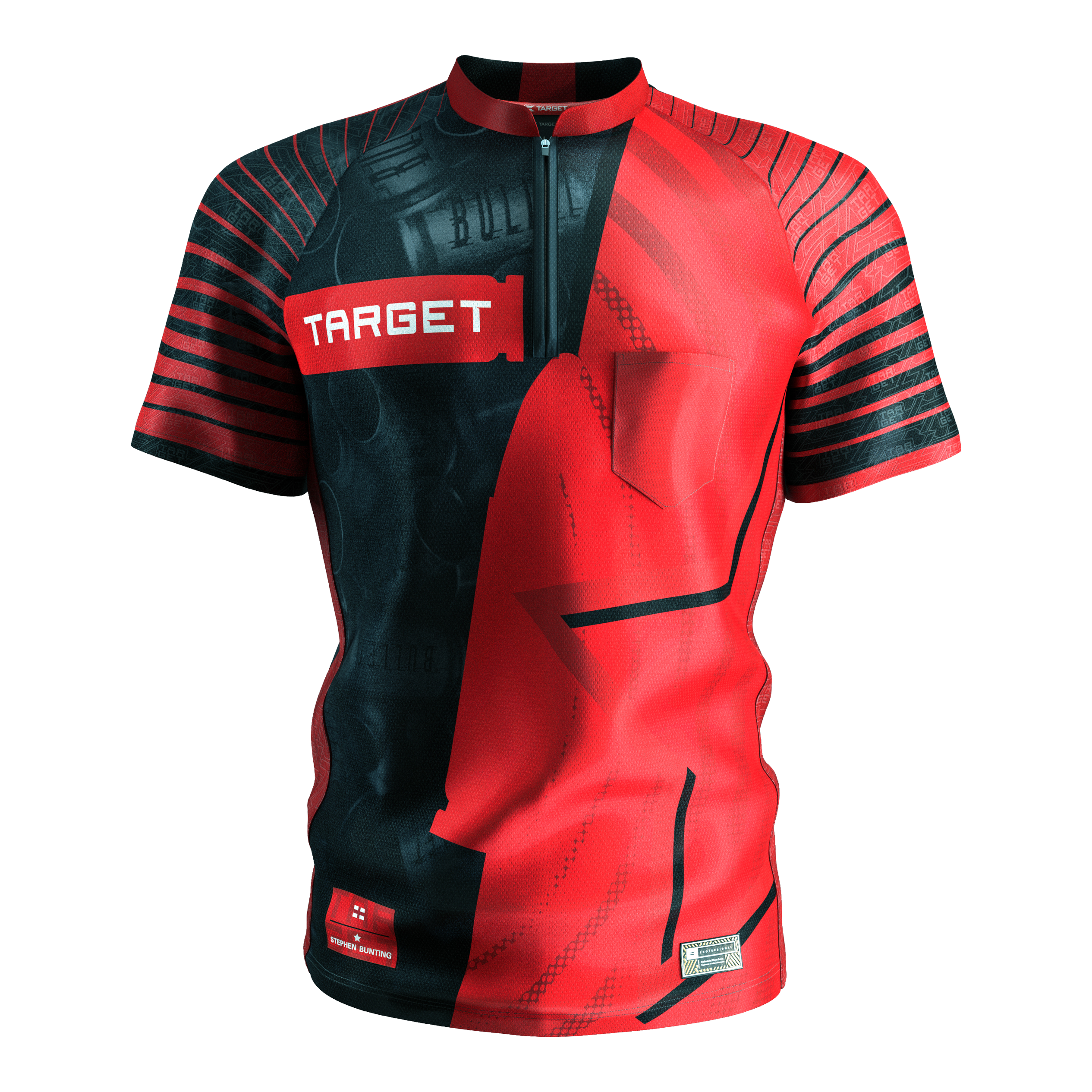 Target Coolplay Stephen Bunting 2025 Dartshirt Das Bild zeigt das Target Coolplay Stephen Bunting 2025 Dartshirt. Das Shirt ist rot-schwarz gestaltet mit auffälligen Streifen und dem weißen "TARGET" Logo auf der Brust.