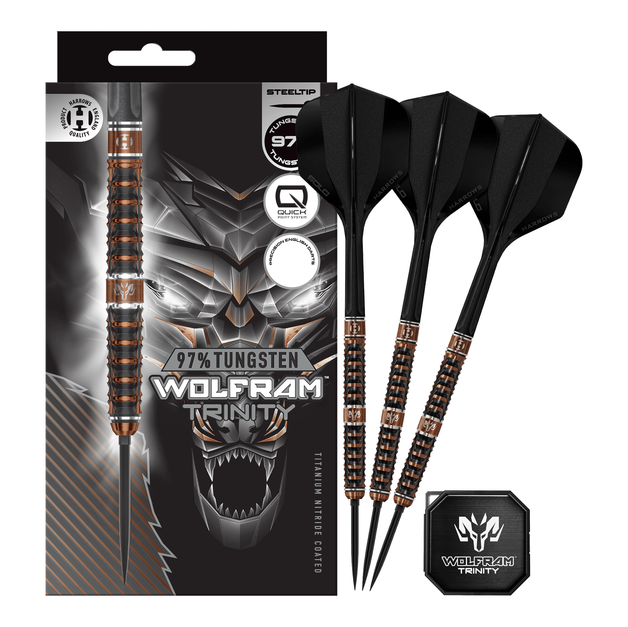 Harrows Wolfram Trinity Quick Point Steeldarts Hier sieht man die Harrows Wolfram Trinity Quick Point Steeldarts in voller Ansicht. Die Steeldarts zeichnen sich durch innovative Technik aus.