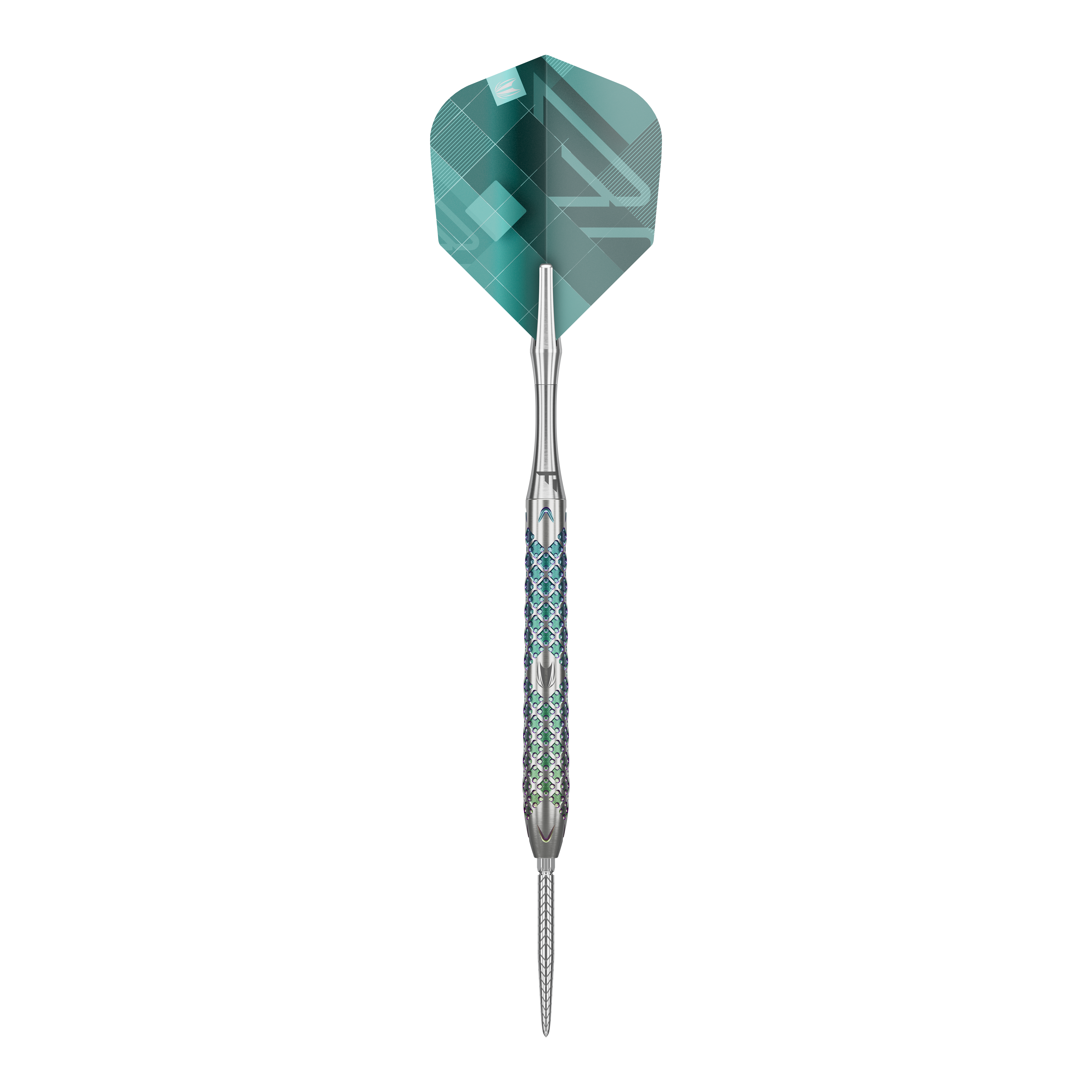 Target Rove 03 Swiss Point Steeldarts Das Bild zeigt einen Target Rove 03 Swiss Point Steeldart. Der Dart hat ein silbernes Metallgehäuse mit blauen Akzenten und eine grüne Flight.