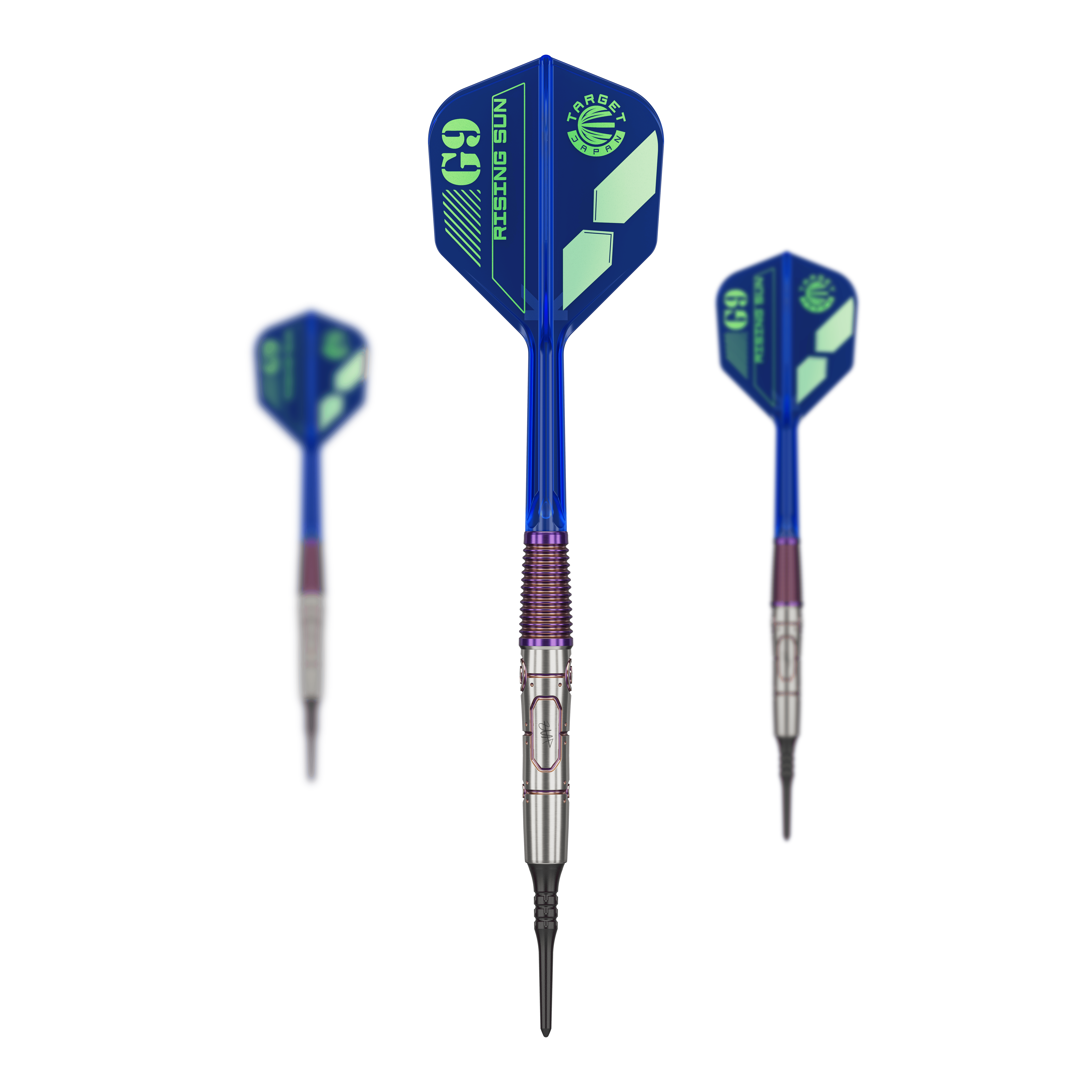 Das Bild zeigt drei Softdarts der Marke Target Japan Haruki Muramatsu Rising Sun GEN9 2BA mit einem Gewicht von 21,5g. Die Darts haben blaue Flights mit grünem Aufdruck und silberne Spitzen.