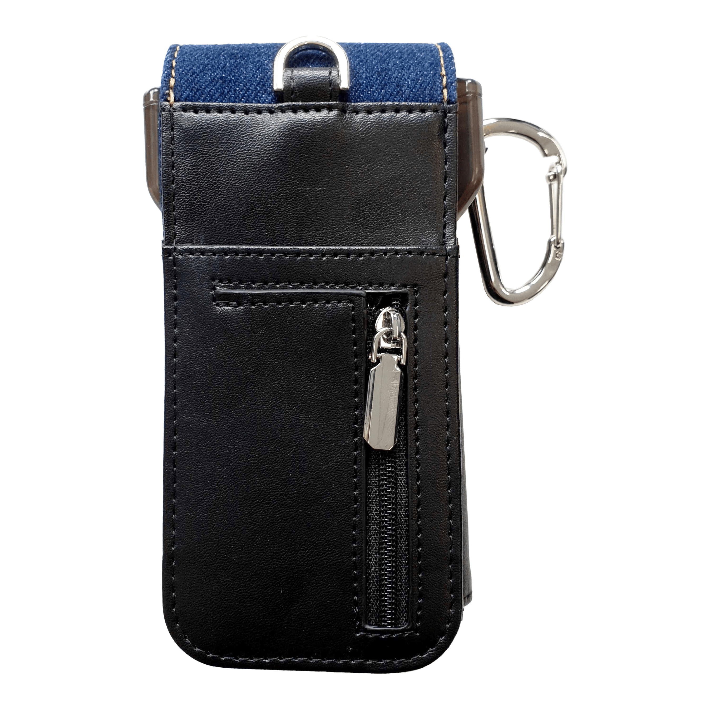 Cameo Acento Denim Dartcase Das Bild zeigt ein elegantes Dart-Etui aus schwarzem Leder mit einem Reißverschlussfach. Am oberen Rand befindet sich ein Karabinerhaken und ein Einsatz aus dunkelblauem Denim-Stoff.