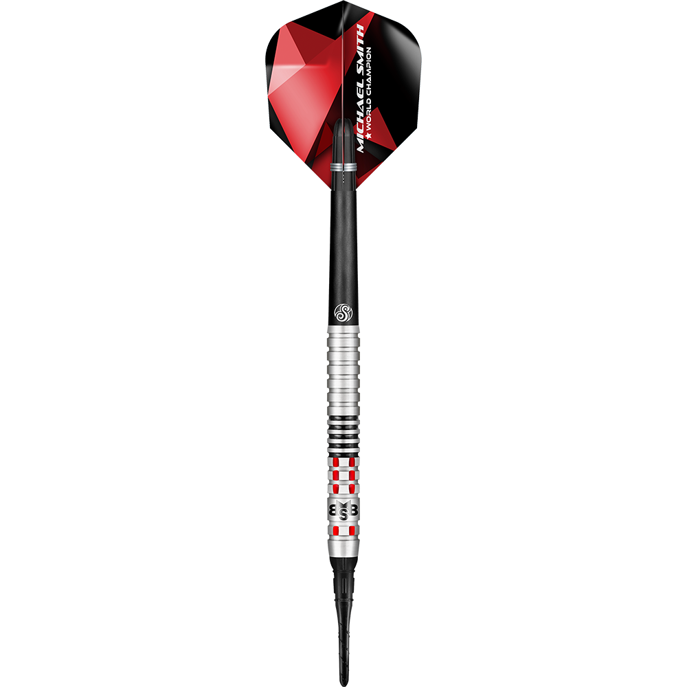 Shot Michael Smith Achieve Softdarts Auf dem Bild ist ein Softdartpfeil mit silbernen und schwarzen Elementen zu sehen. Das Flights ist rot-schwarz und trägt die Aufschrift "Michael Smith World Champion".
