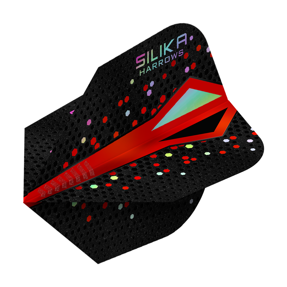Das Bild zeigt einen Harrows Silika Colourshift Tough Crystalline Coating Red No6 Flight. Das Design ist hauptsächlich schwarz mit roten und bunten sechseckigen Punkten und auffälligen roten Akzenten.
