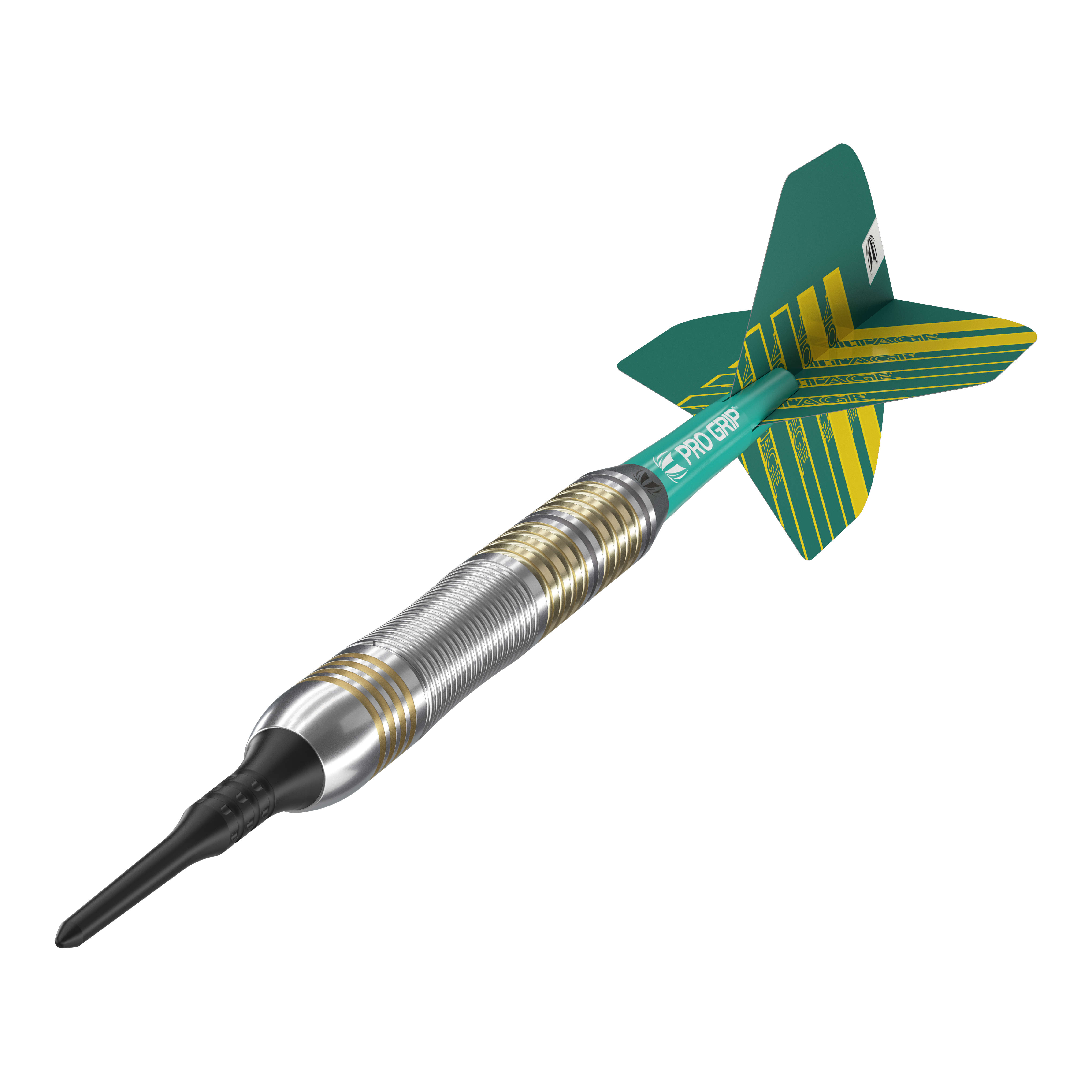 Target Rob Cross Brass Softdarts - 18g Das Bild zeigt einen Target Rob Cross Brass Softdart mit einem Gewicht von 18 Gramm. Der Dart hat einen silbernen und goldenen Ringgriff sowie grüne Flights mit gelben Streifen.