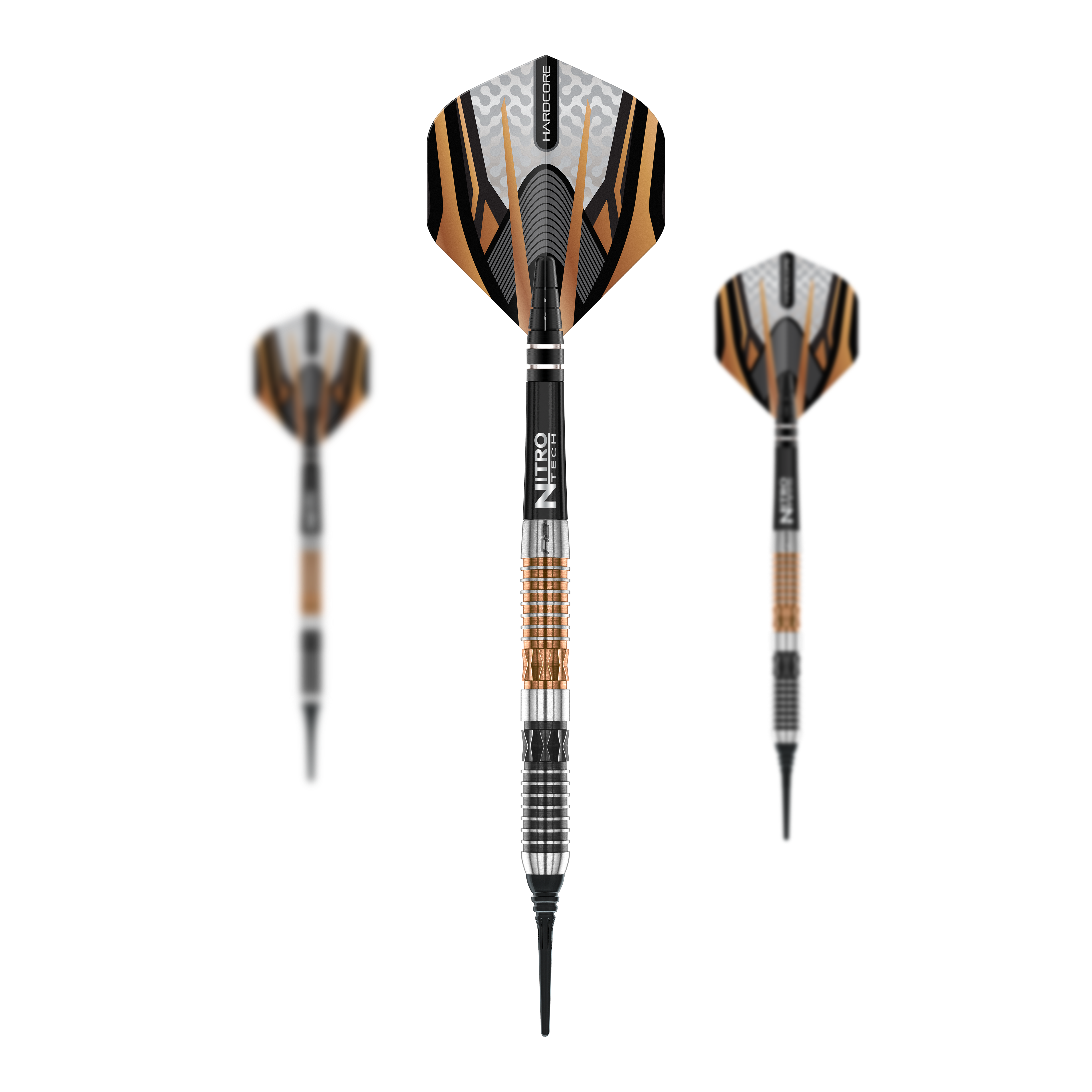 Das Bild zeigt drei Softdarts des Modells 'Red Dragon Panterra Softdarts - 20g'. Die Darts haben auffällige schwarze, goldene und silberne Elemente am Schaft und an den Flights.
