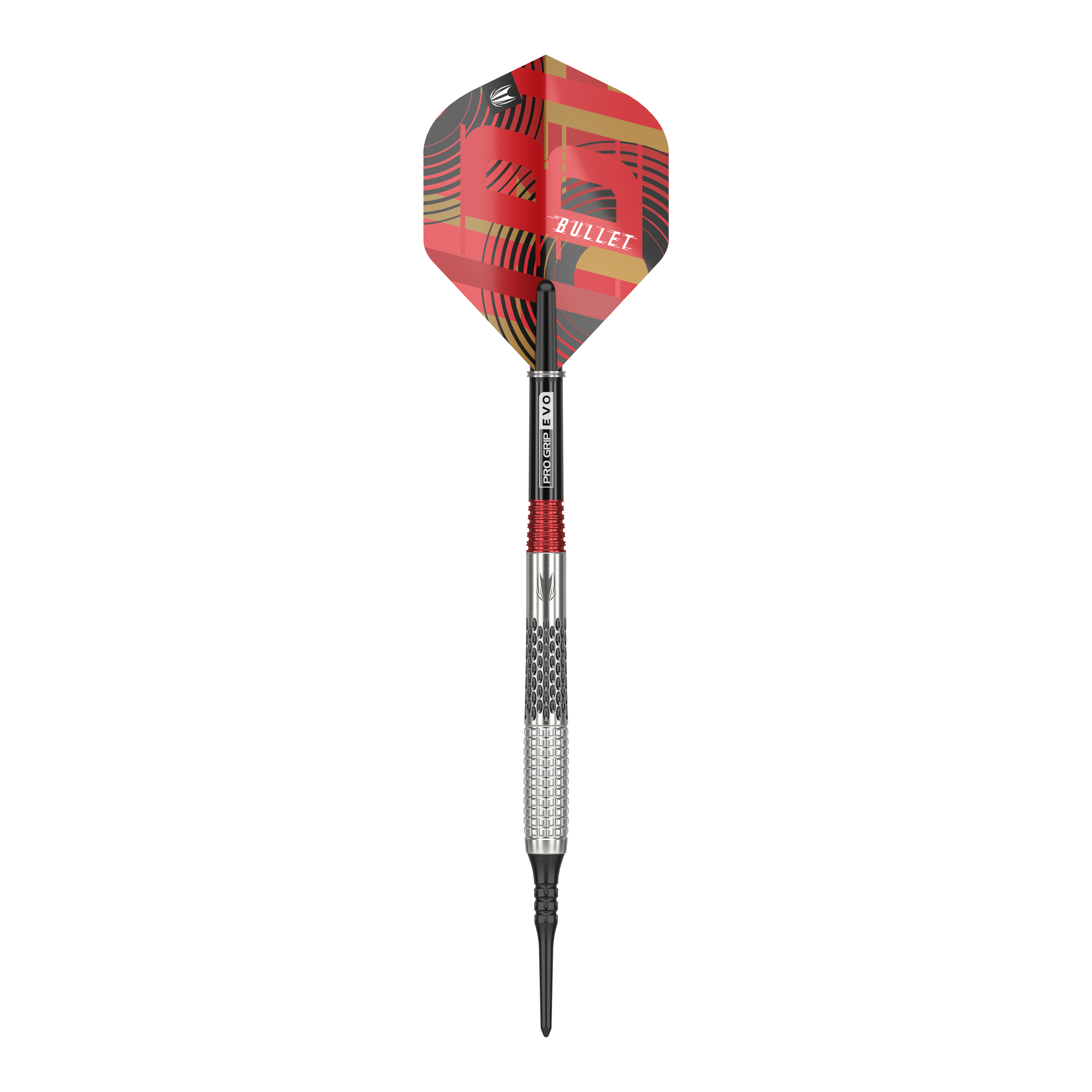 Target Stephen Bunting GEN5 Softdarts - 18g Auf dem Bild ist ein Softdart der Marke Target Stephen Bunting GEN5 mit einem Gewicht von 18 Gramm zu sehen. Der Dart hat ein auffälliges, rot-schwarzes Design mit der Aufschrift "BULLET" auf dem Flight.